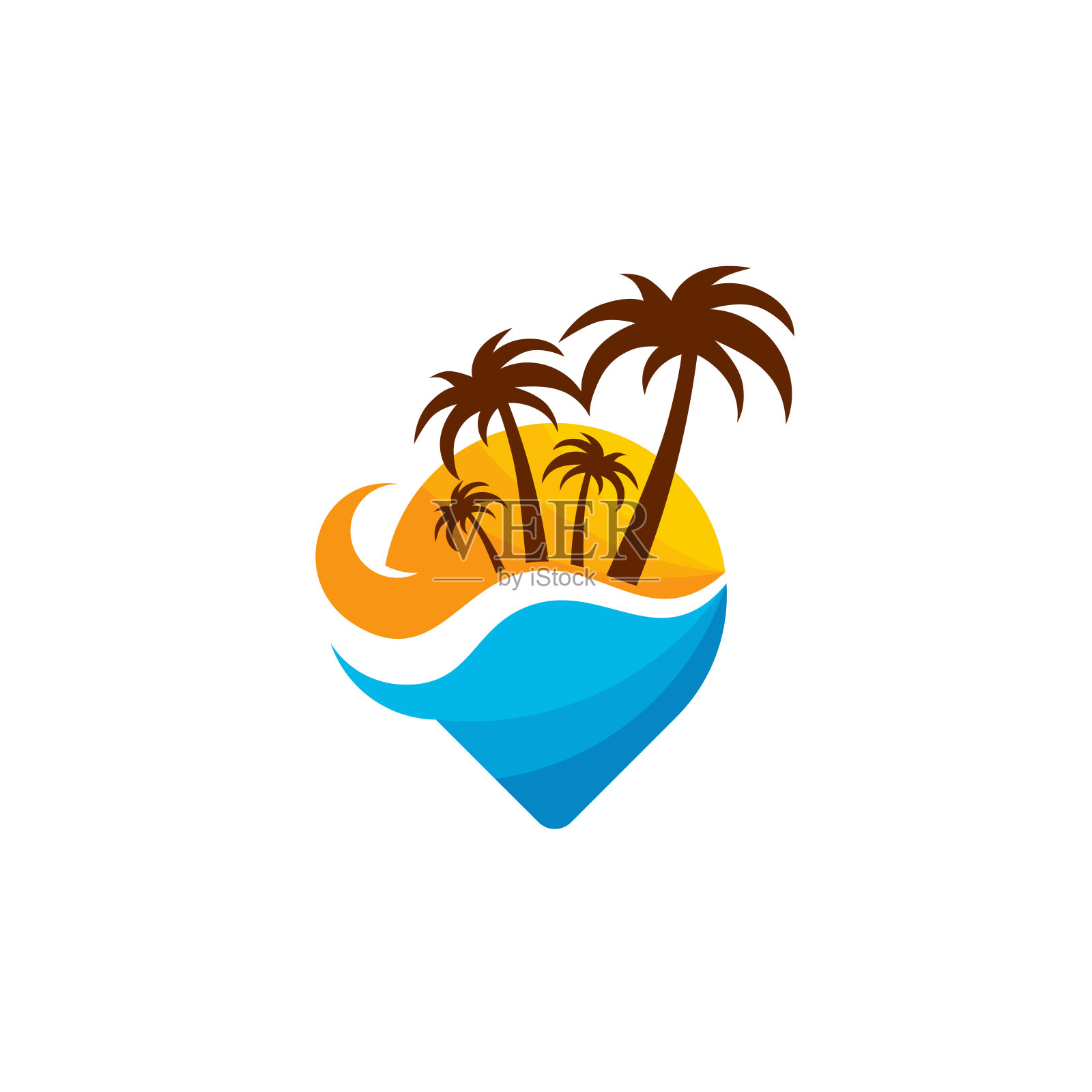 旅游点标志与棕榈树符号，海滩标志设计概念矢量插画图片素材