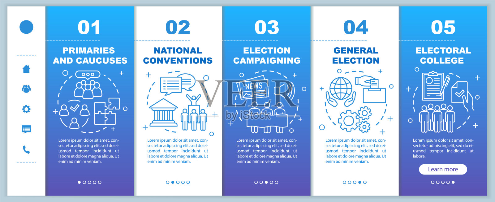 选举日登陆移动网页矢量模板。响应智能手机网站界面与线性插图的想法。网页演练步骤屏幕。颜色的概念设计模板素材