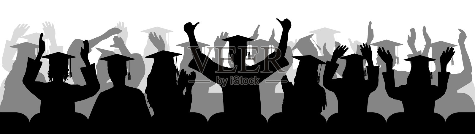 快乐的毕业生欢天喜地，拍着手掌的剪影。矢量插图。插画图片素材