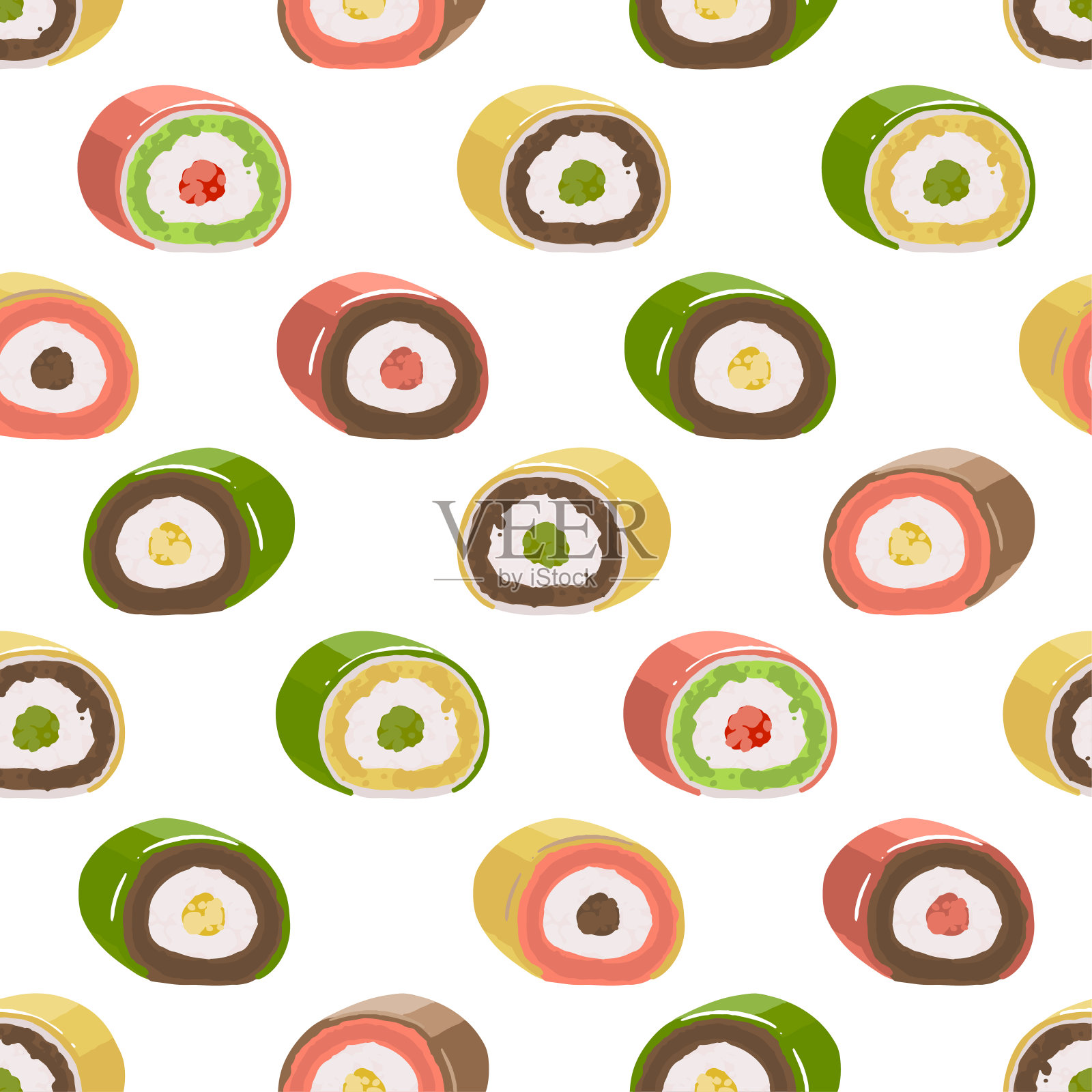 无缝图案的圆形卷甜点不同口味。插画图片素材