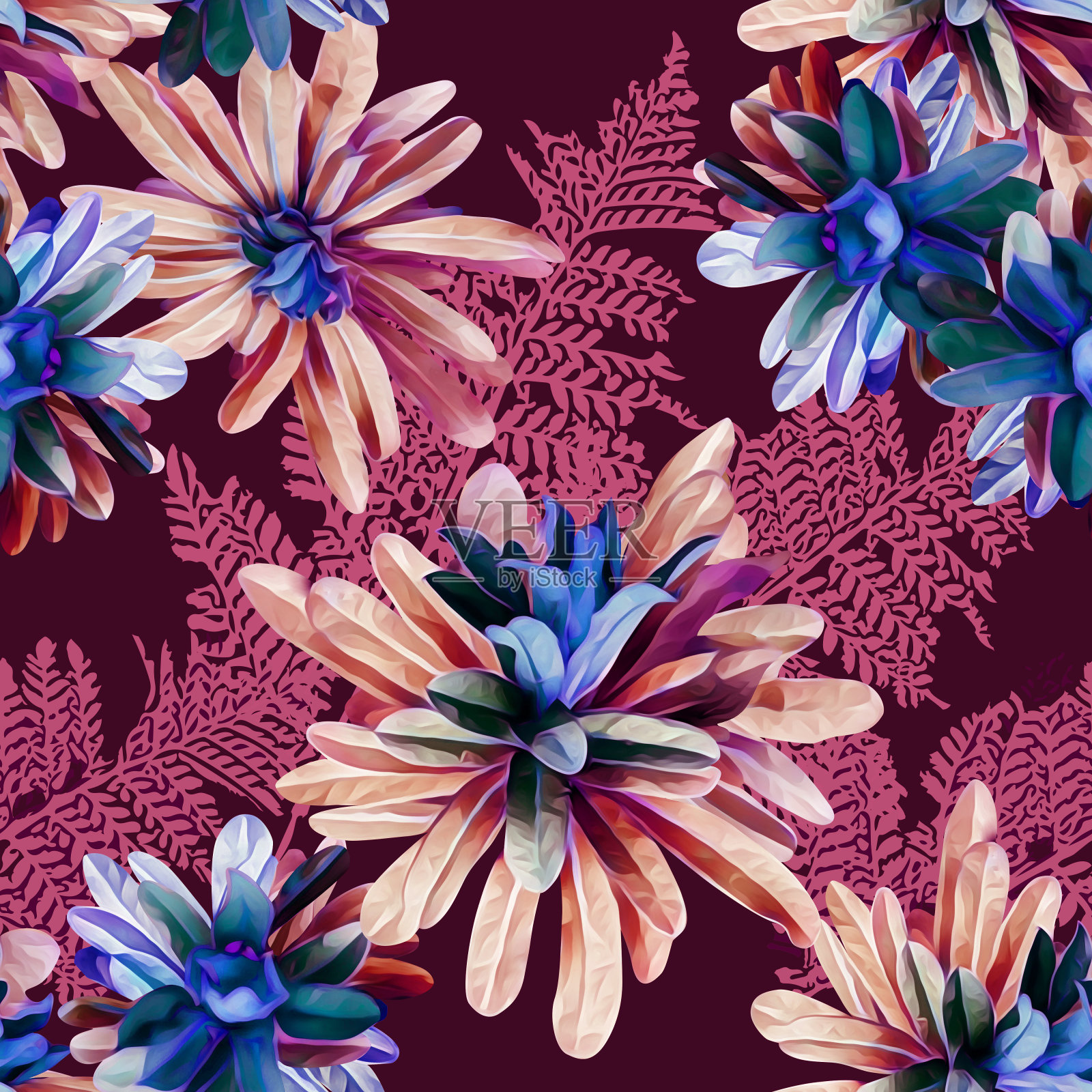 热带植物，花色无缝图案。插画图片素材