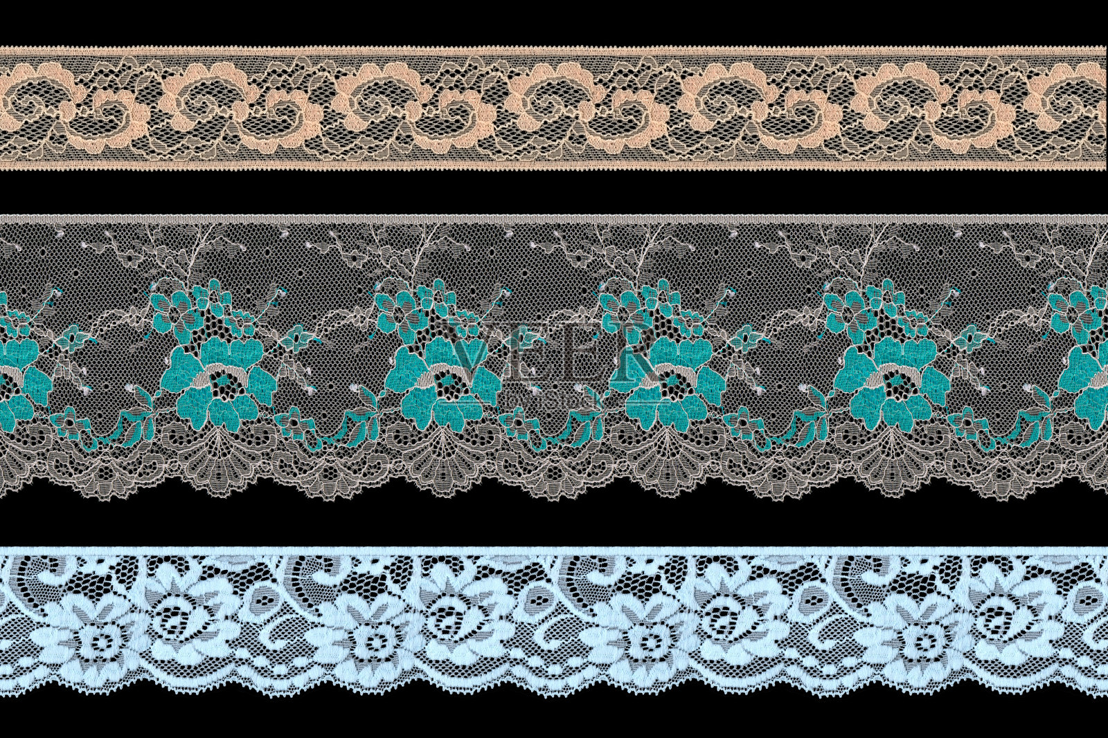 一套彩色精致的带子花边在黑色的背景。复古风格。照片摄影图片