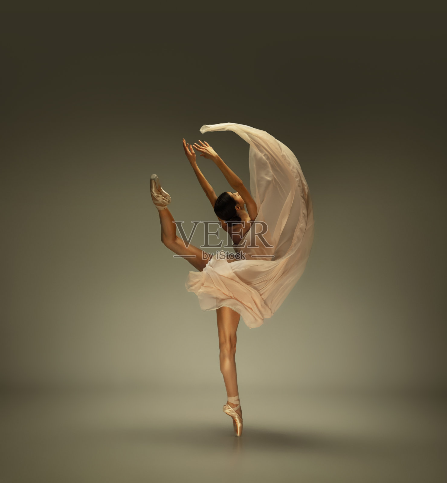 年轻优雅温柔的芭蕾舞女演员在灰色的工作室背景照片摄影图片