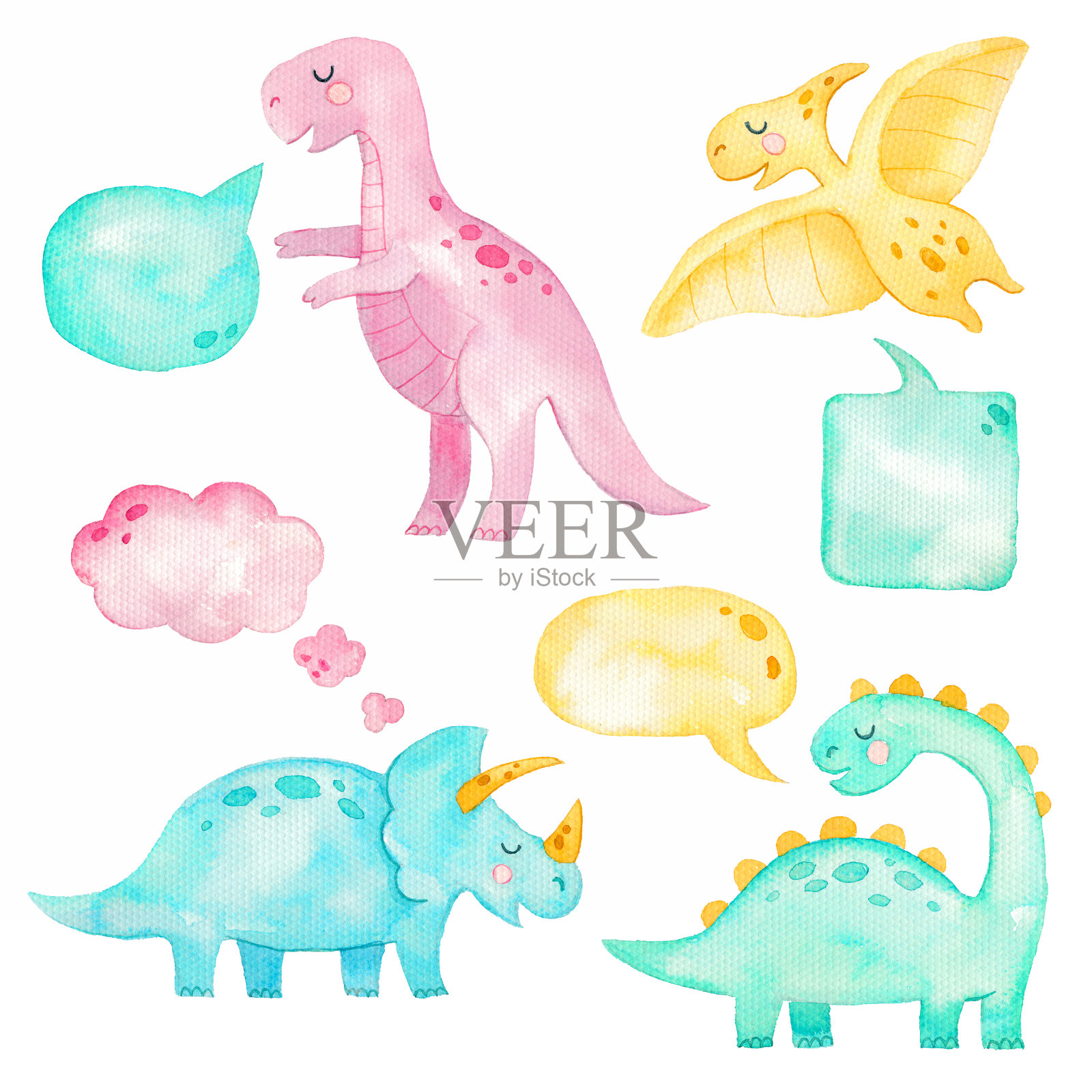 水彩画可爱的恐龙和对话讲话孤立在白色的背景。插画图片素材