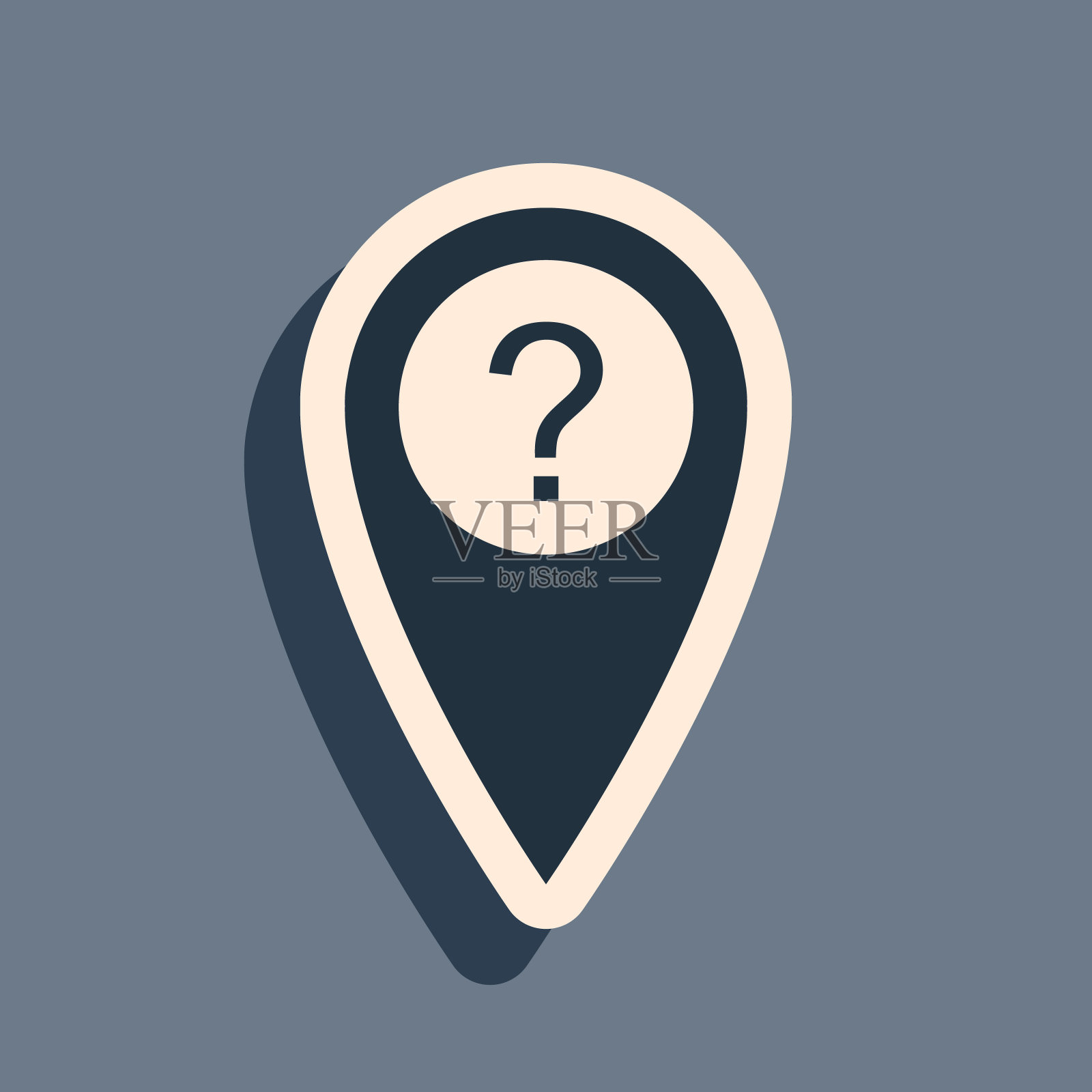 黑色地图指针与问题符号图标孤立在灰色背景。标记位置信号。位置地图。签收导航。在地图上索引位置。长长的阴影风格。矢量图插画图片素材