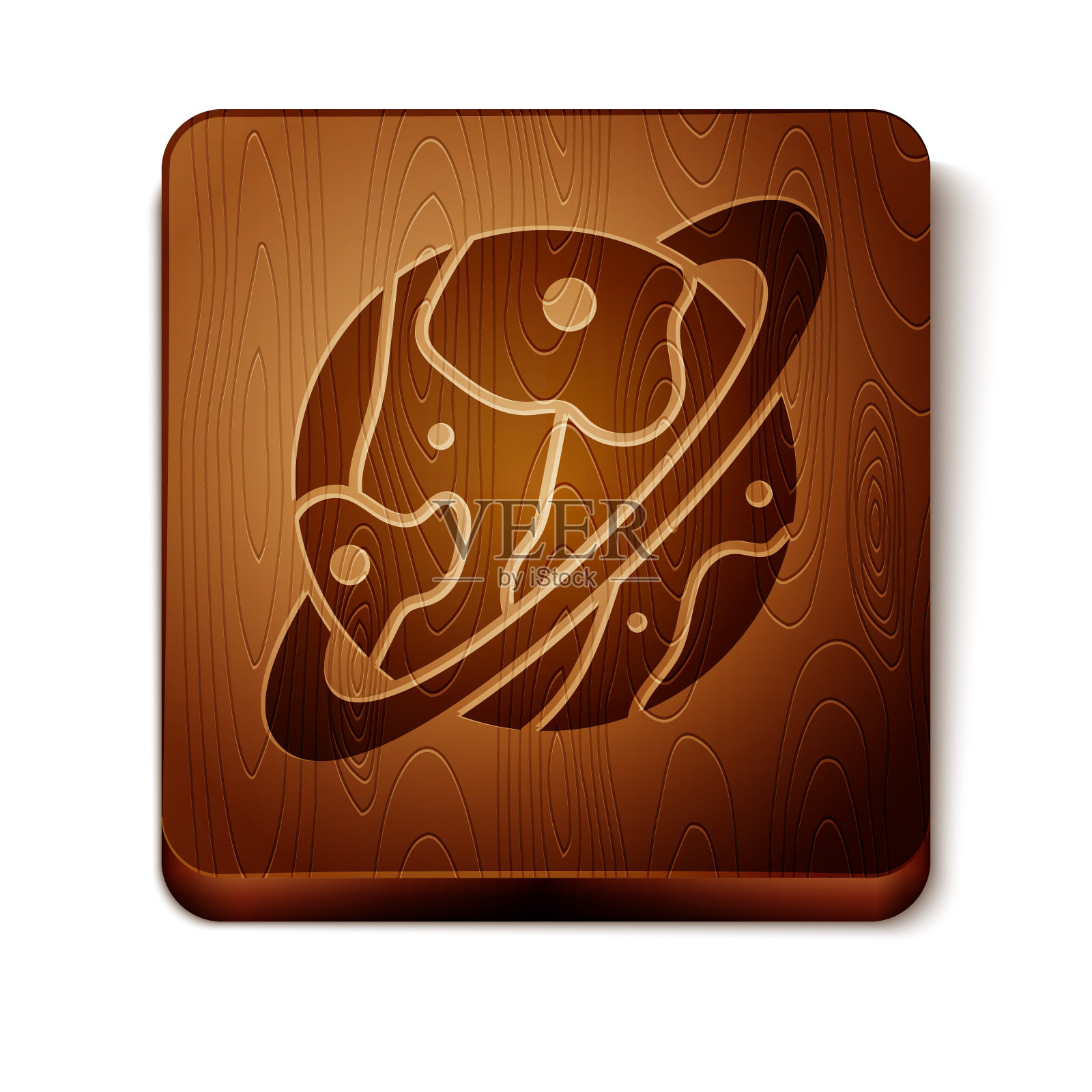 棕色行星土星行星环系统图标孤立在白色背景上。木制方形按钮。矢量图图标素材