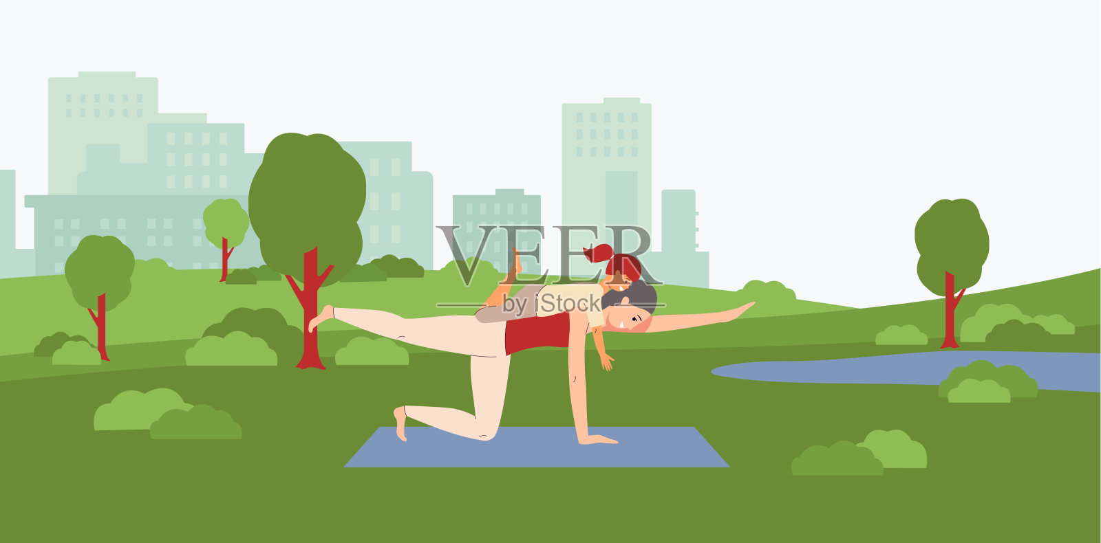 卡通母女在夏季公园做瑜伽插画图片素材