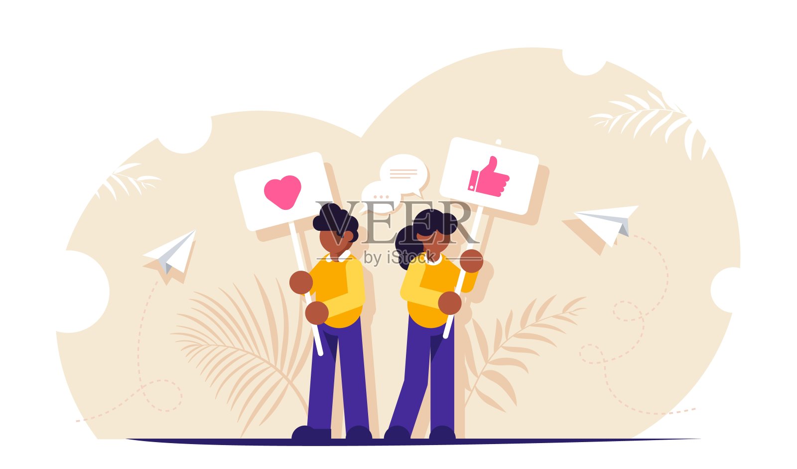 社交媒体的概念。人们站在呼吁点赞的牌子上。在社交媒体上与内容互动。现代平面矢量插图。插画图片素材