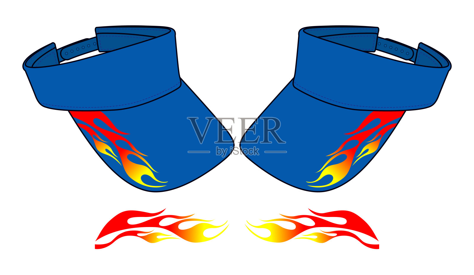蓝色太阳遮阳帽设计向量与火火焰图形线在山顶帽。设计元素图片
