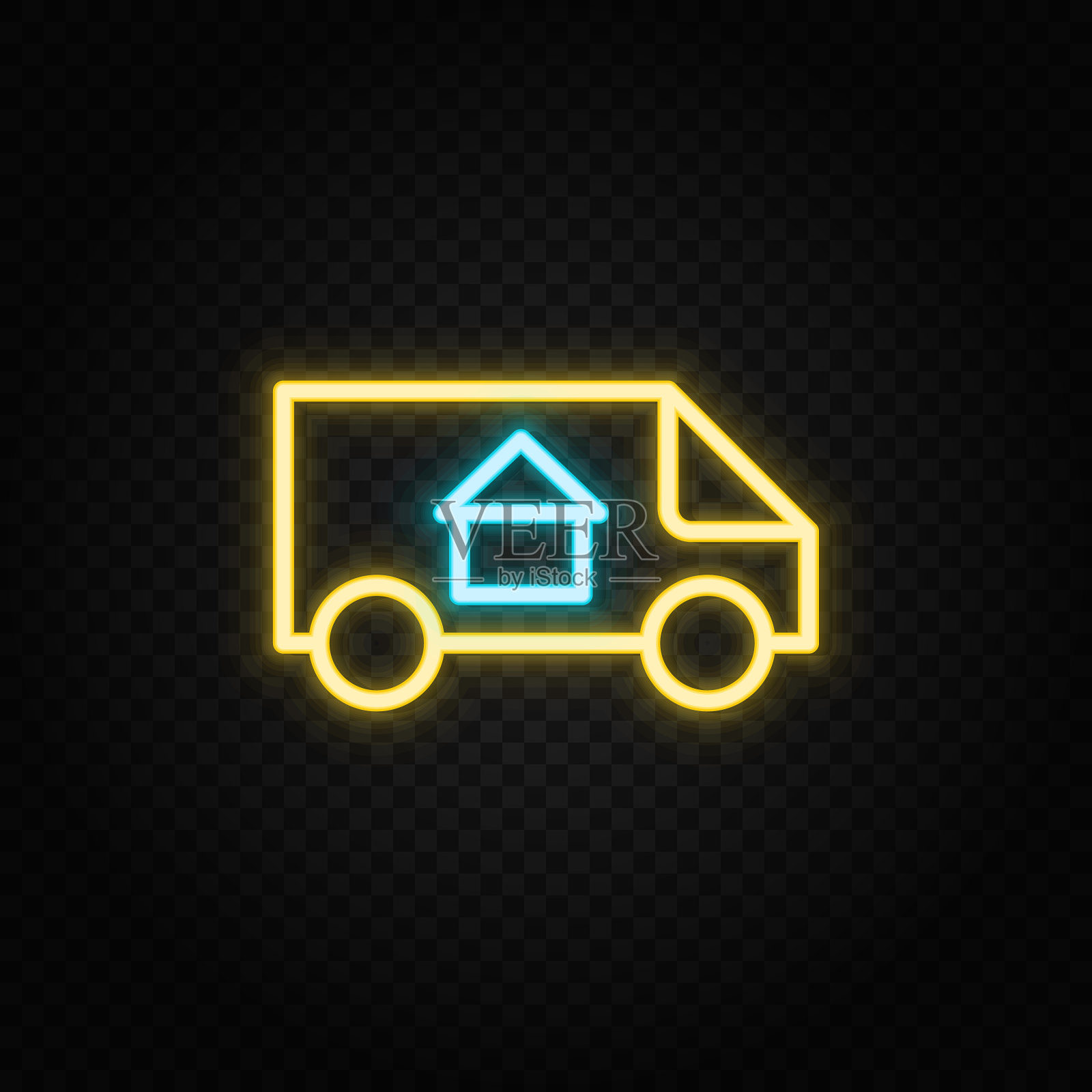 搬家，搬迁，货车霓虹图标。蓝色和黄色霓虹灯矢量图标。插画图片素材
