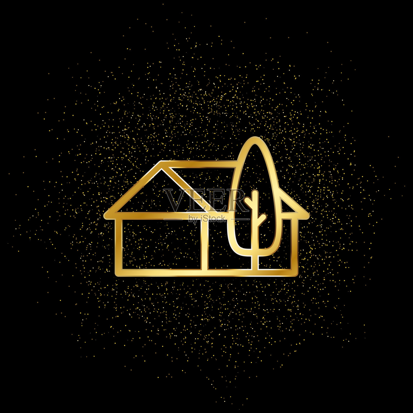 家，房子金图标。矢量插图的金色粒子背景。房地产概念矢量插图插画图片素材