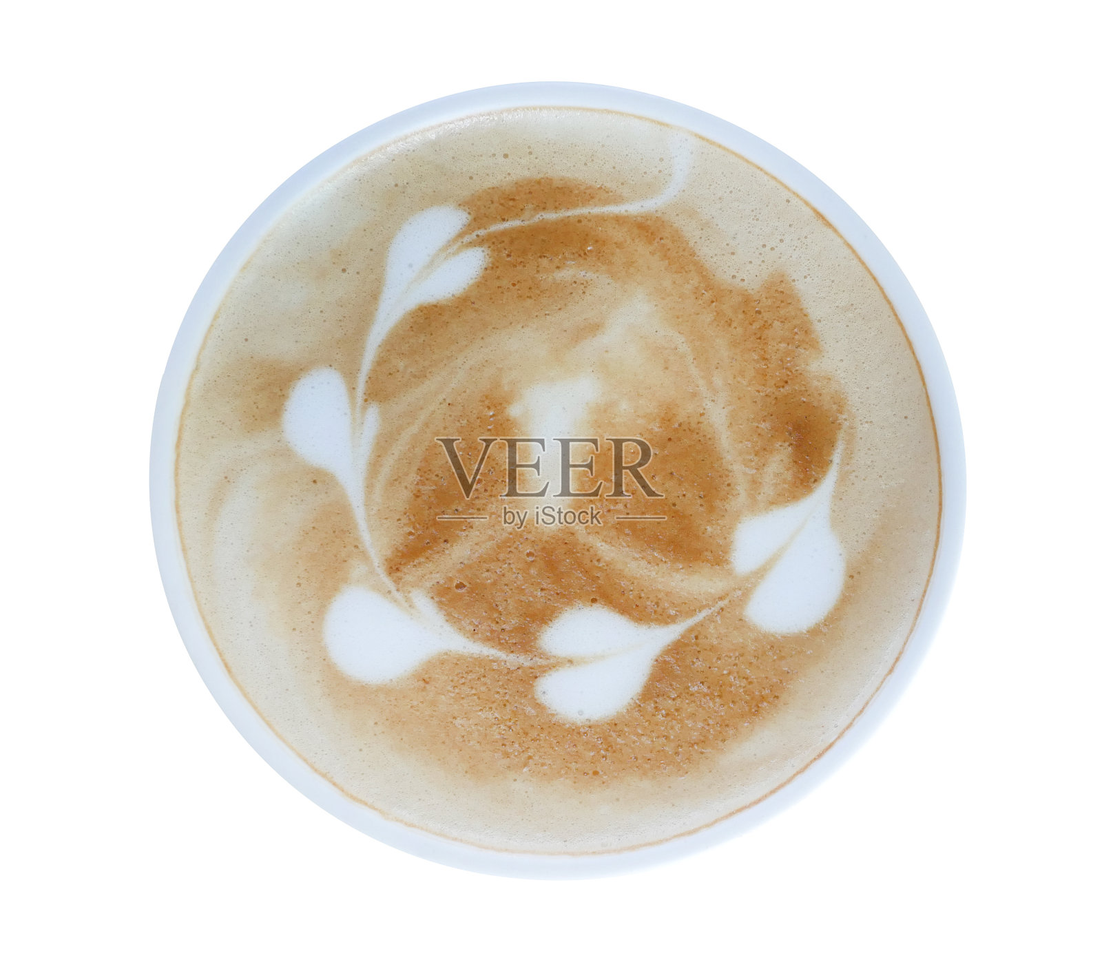 热咖啡卡布奇诺拿铁艺术心形状顶视图孤立在白色背景，剪切路径包括照片摄影图片