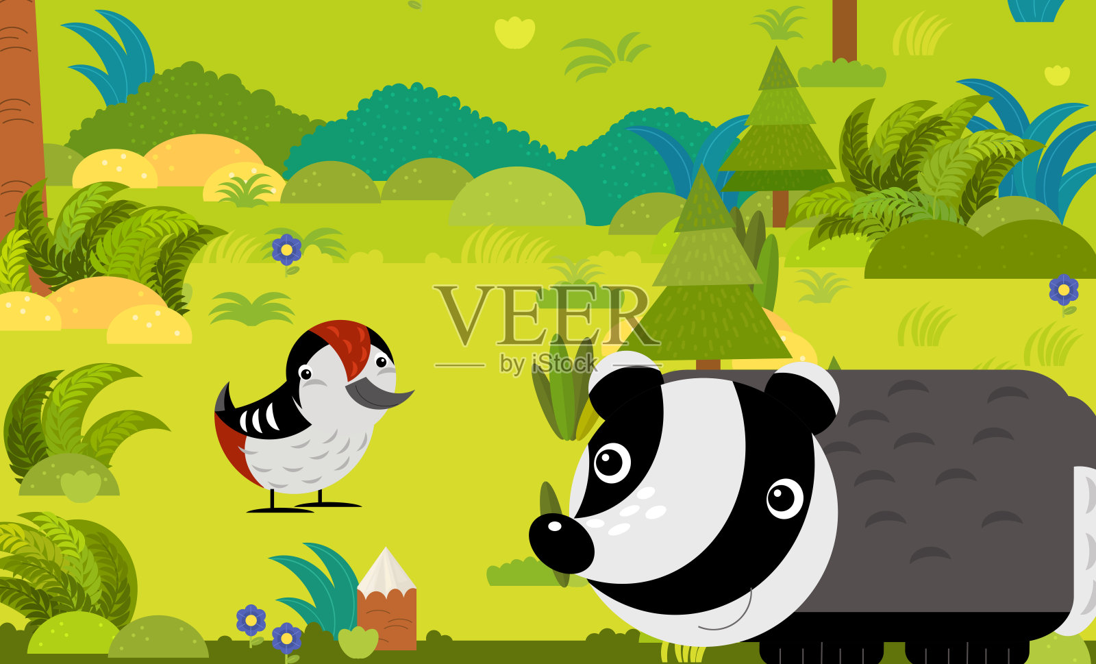 卡通场景与不同的欧洲动物在森林插图插画图片素材