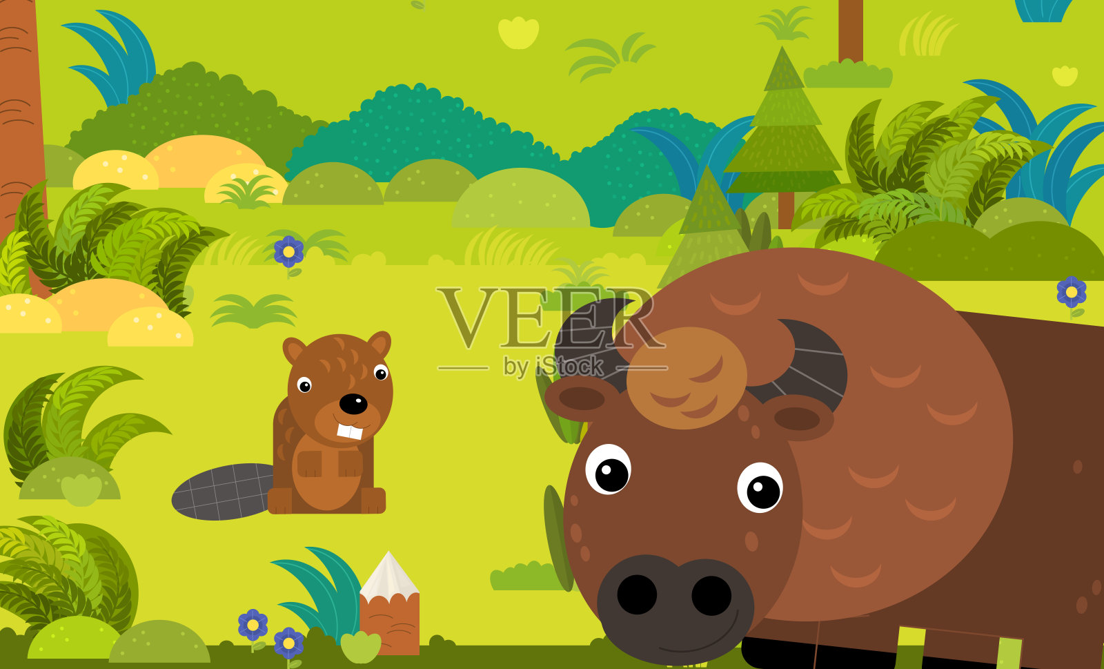 卡通场景与不同的欧洲动物在森林插图插画图片素材