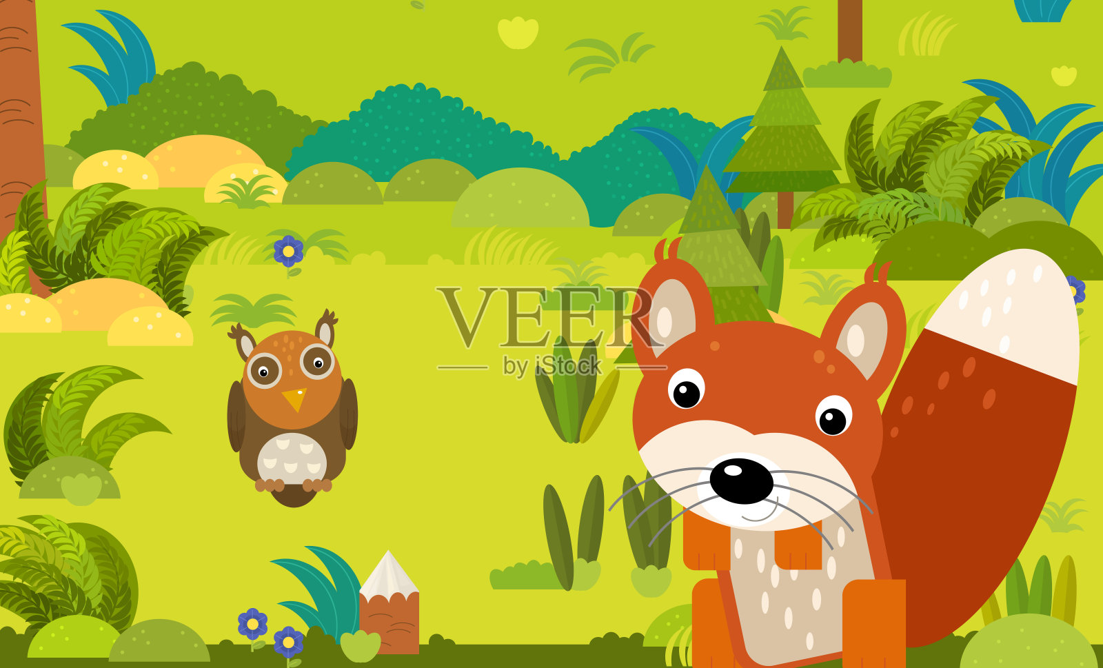 卡通场景与不同的欧洲动物在森林插图插画图片素材