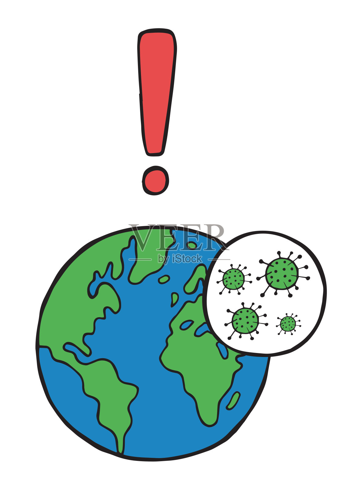 手绘冠状病毒载体，covid-19。世界和感叹号。插画图片素材