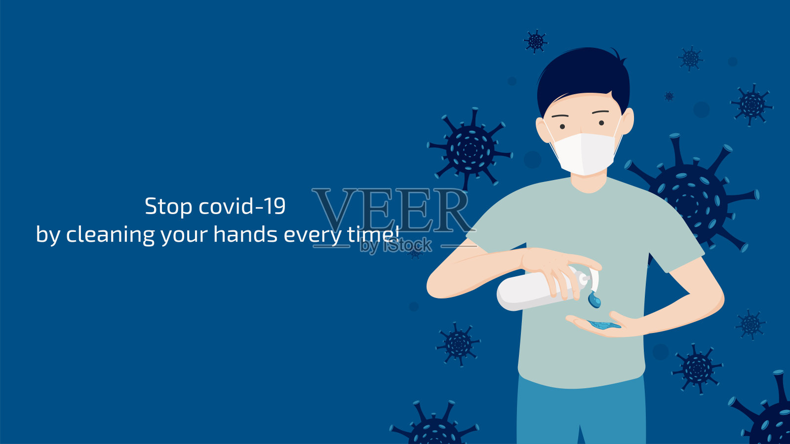 周围有冠状病毒的男子将酒精凝胶放在手上。插画图片素材