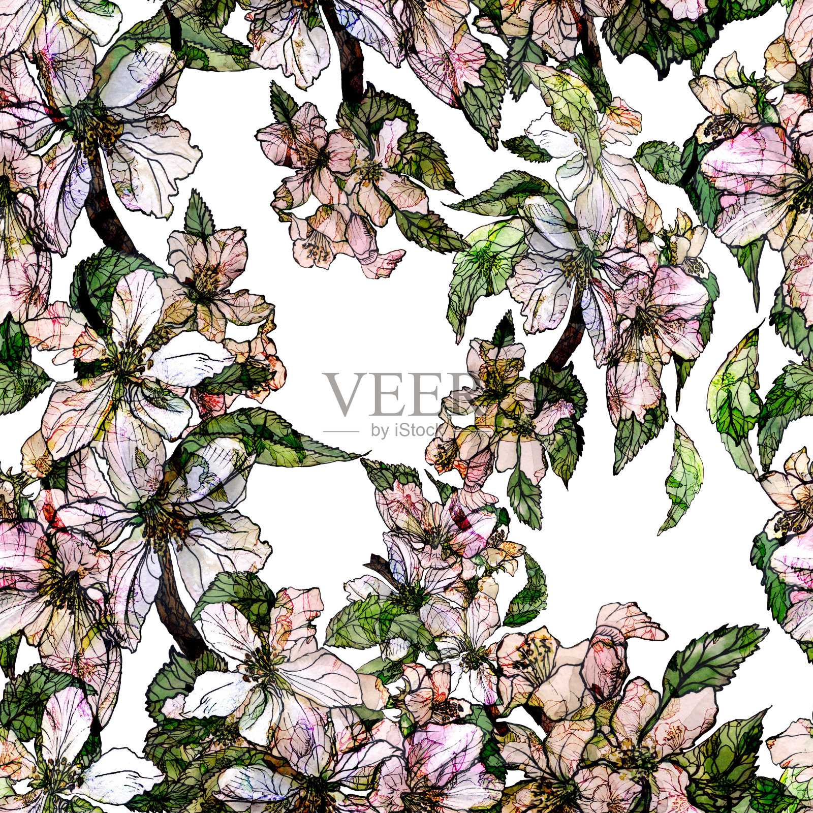 水彩画用水彩和墨水画的画苹果树的花。无缝模式。纺织品，墙纸，包装，封面，织物的设计。插画图片素材