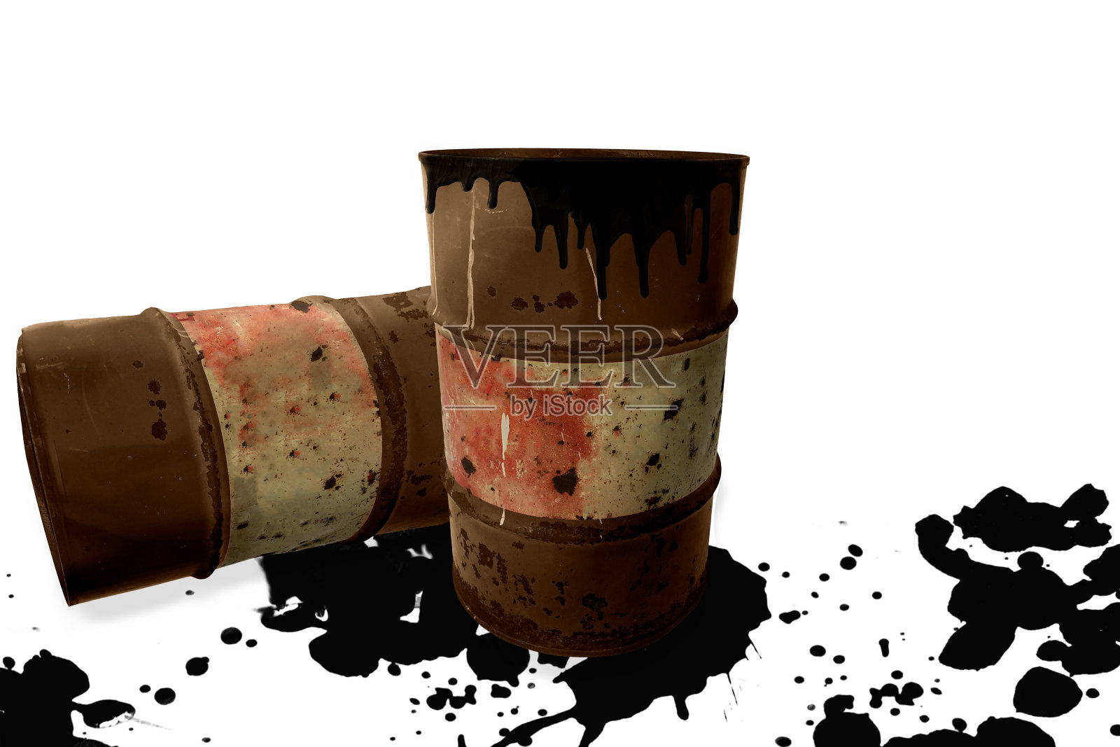 金属乡村桶黑色液体像油滴在白色孤立的背景。原油市场或生态化工行业概念设计元素照片摄影图片