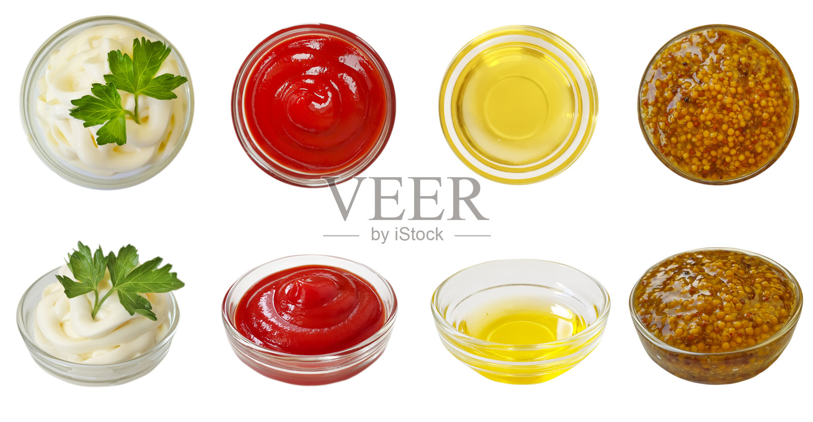 芥末酱，番茄酱，蛋黄酱，白底油照片摄影图片