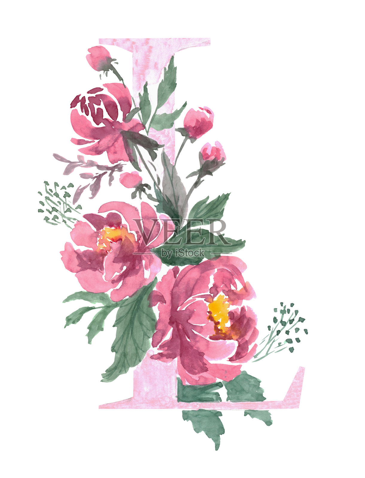 字母L与花束水彩插图上孤立的白色背景插画图片素材