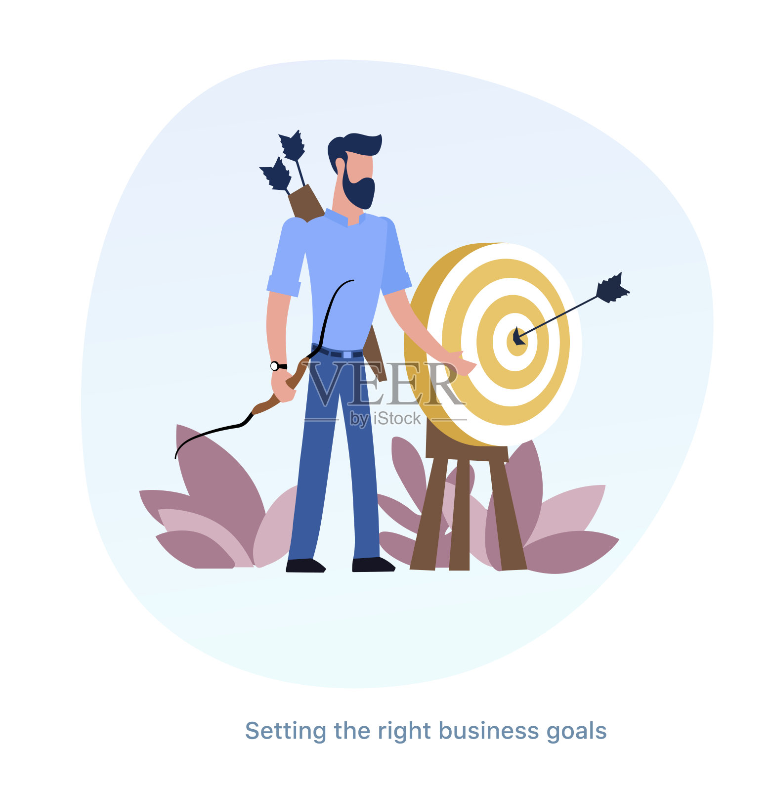 工人手持弓和箭。弓箭手。正确的目标设定。准确命中目标。插画图片素材