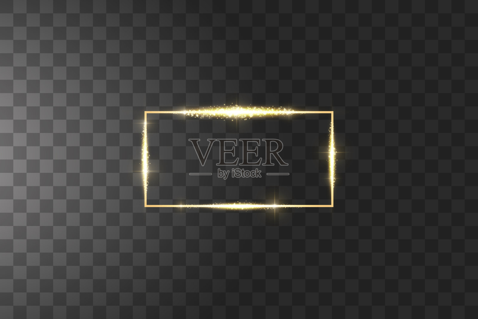 金色框架与灯光效果。闪亮的奢侈品旗帜矢量插图。辉光线金色框架与火花和聚光灯灯光效果。闪亮的矩形旗帜孤立在黑色透明的背景插画图片素材