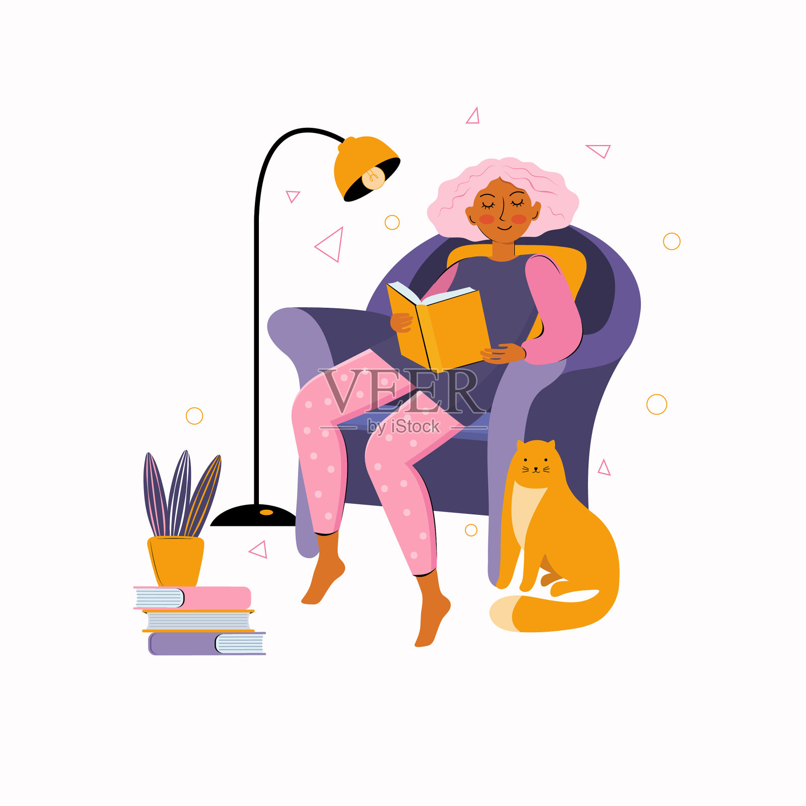 年轻女子花时间在家看书。文迷坐在椅子上看书。花时间呆在家里。最喜欢的活动在家里与宠物。手绘平面插图插画图片素材