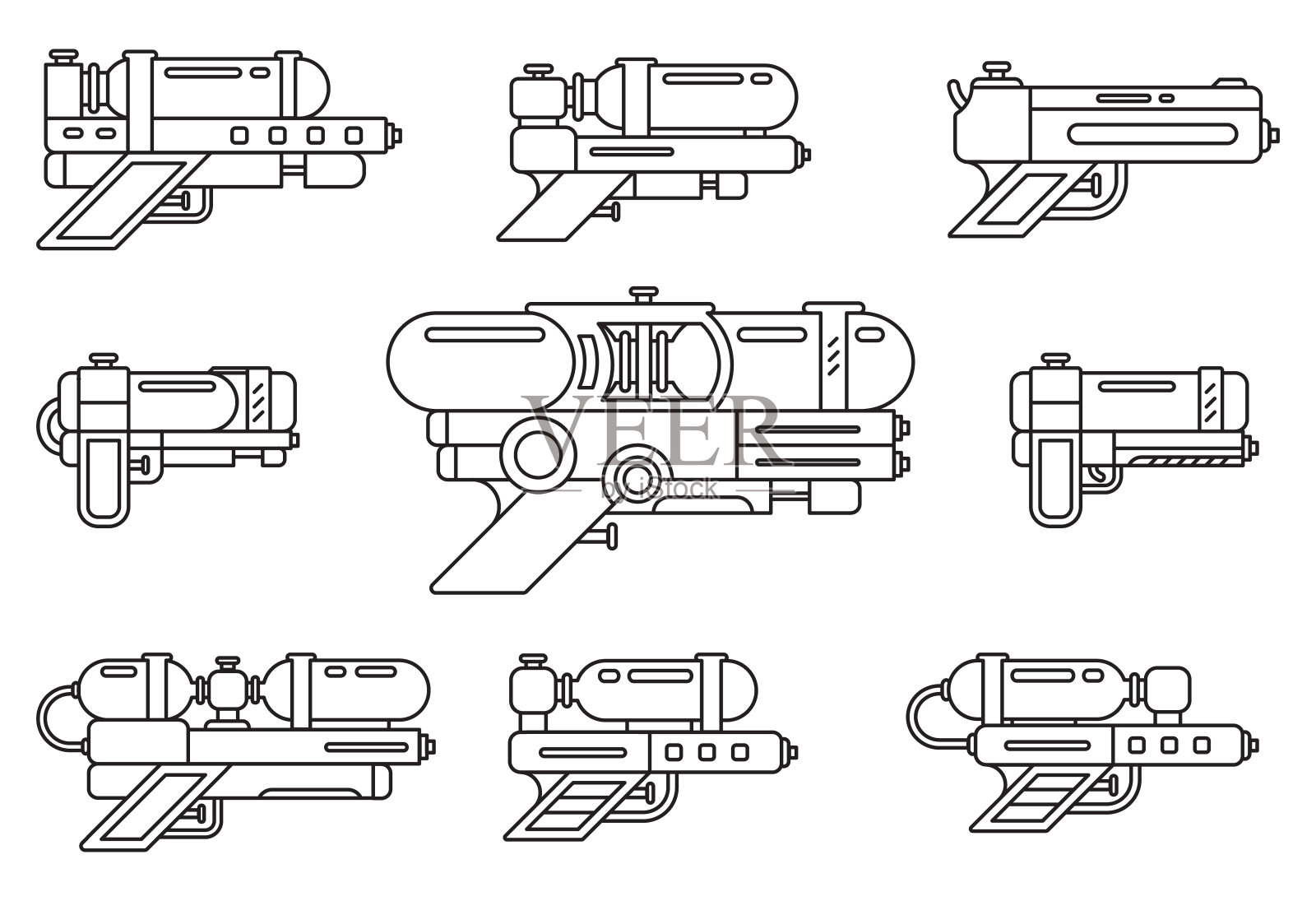 为泼水节设置的轮廓水枪在白色背景上。插画图片素材
