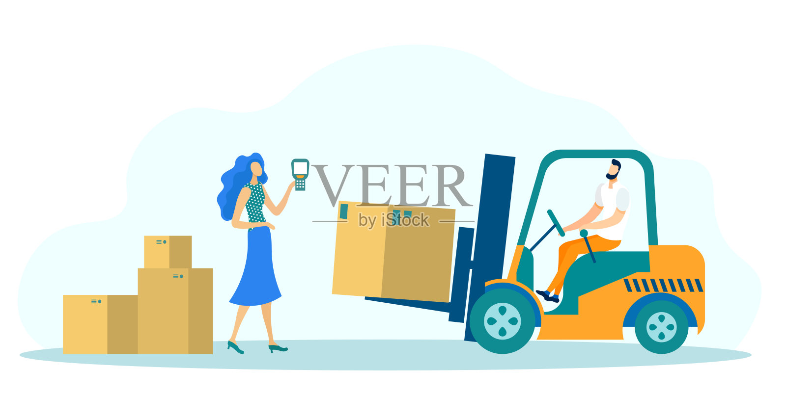 箱子交付运输，装载机，卡车车辆。插画图片素材