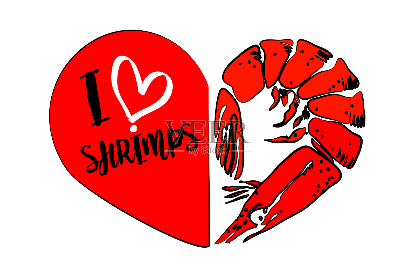手画红虾内心形。海鲜晚餐矢量插图菜单。红煮虾插画图片素材