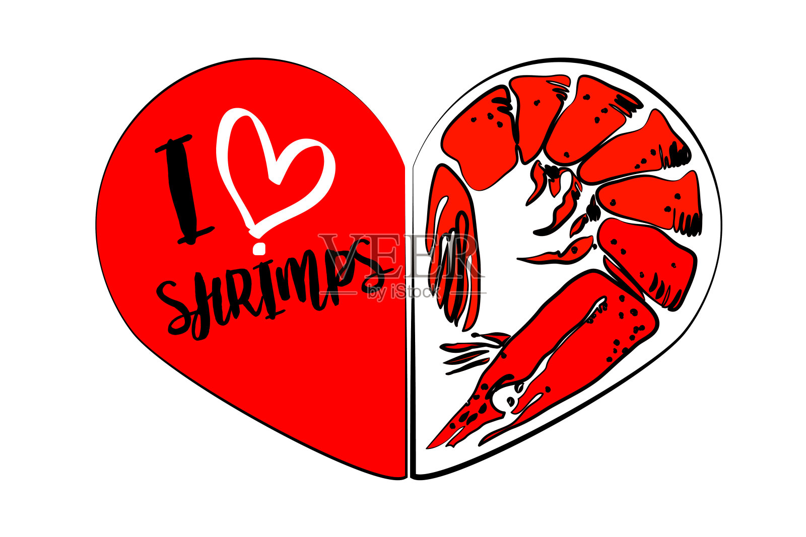 我喜欢虾。卡通红虾，里面心形。菜单上的红虾标志插画图片素材