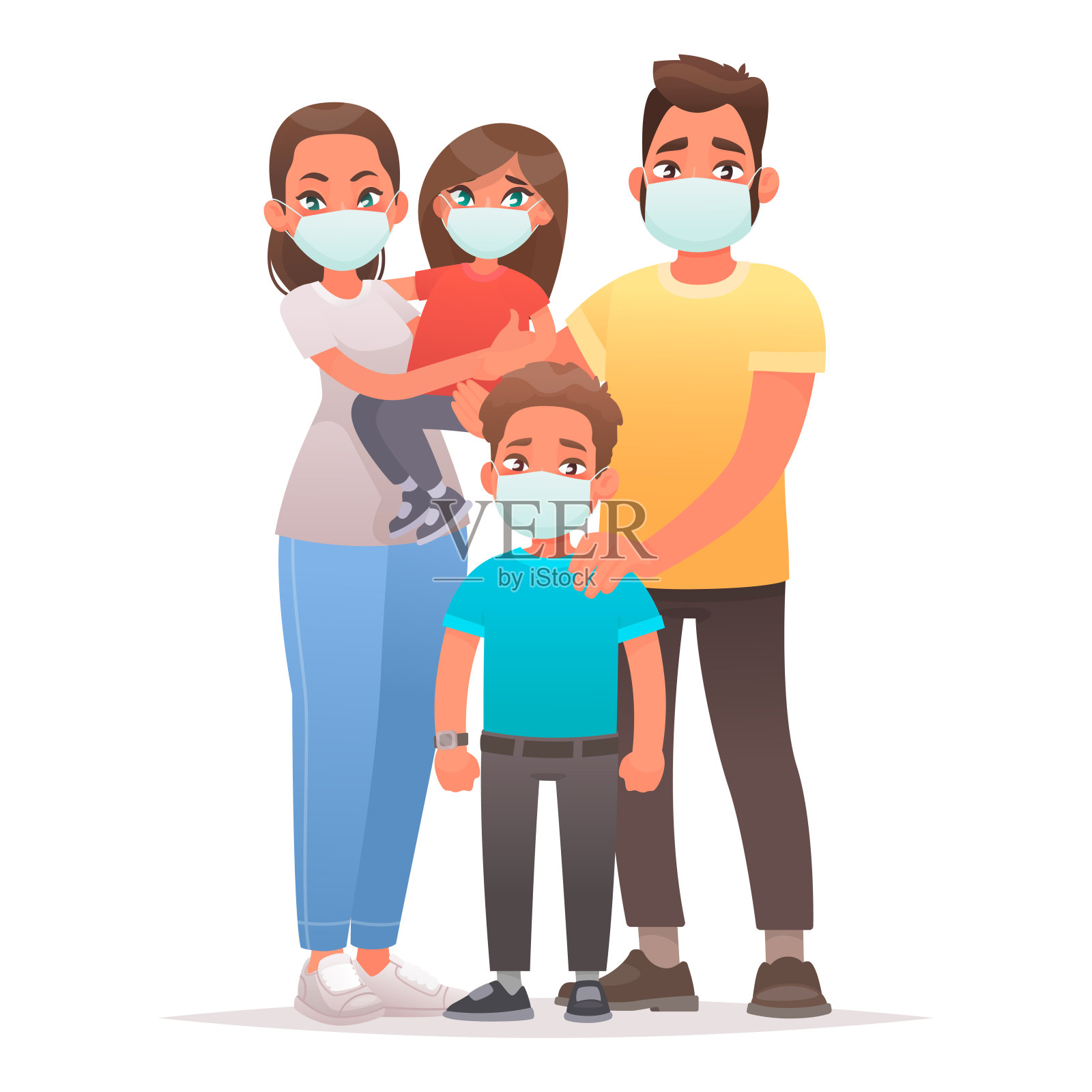 家庭隔离。冠状病毒保护。爸爸、妈妈、儿子和女儿都戴着医用口罩插画图片素材