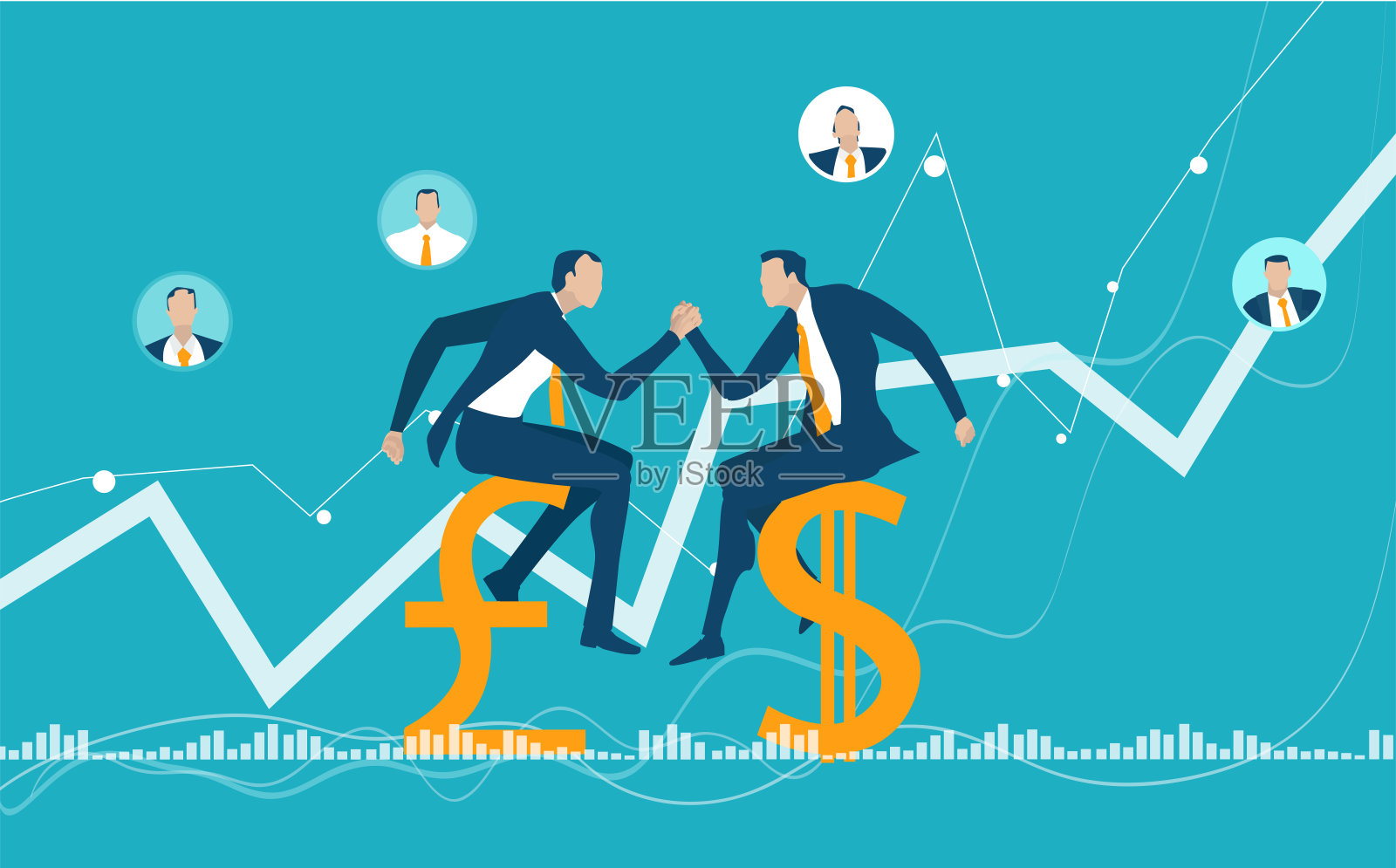 商人们武装战斗。人们坐在英镑和美元符号上插画图片素材