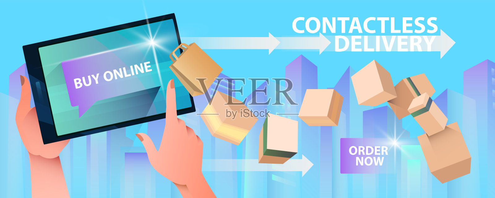 无接触检疫送递条幅用女性手采摘物品和产品用片剂。网上购物的概念是用蓝色时髦的颜色搭配包、包插画图片素材