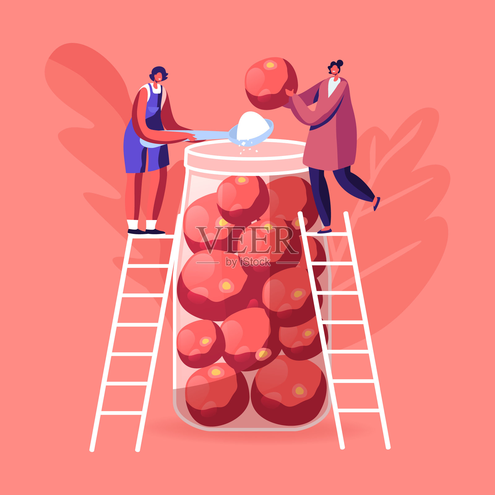 小女性角色站在梯子上，把成熟的西红柿和盐放进巨大的玻璃罐里。妇女烹饪发酵的自制食物准备冬季供应。卡通人物矢量插图插画图片素材