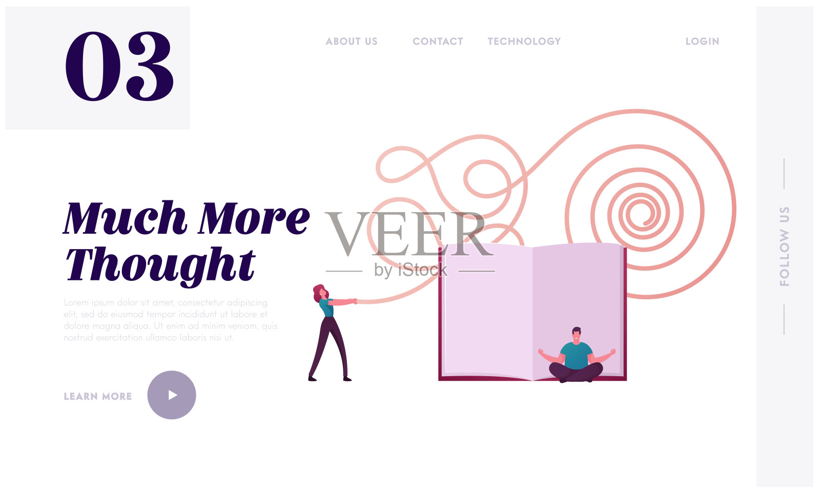 小人角色哲学思考登陆页模板。人坐莲花姿势冥想。女人解开纠结的思想纠结，沉思和反思。卡通矢量图插画图片素材