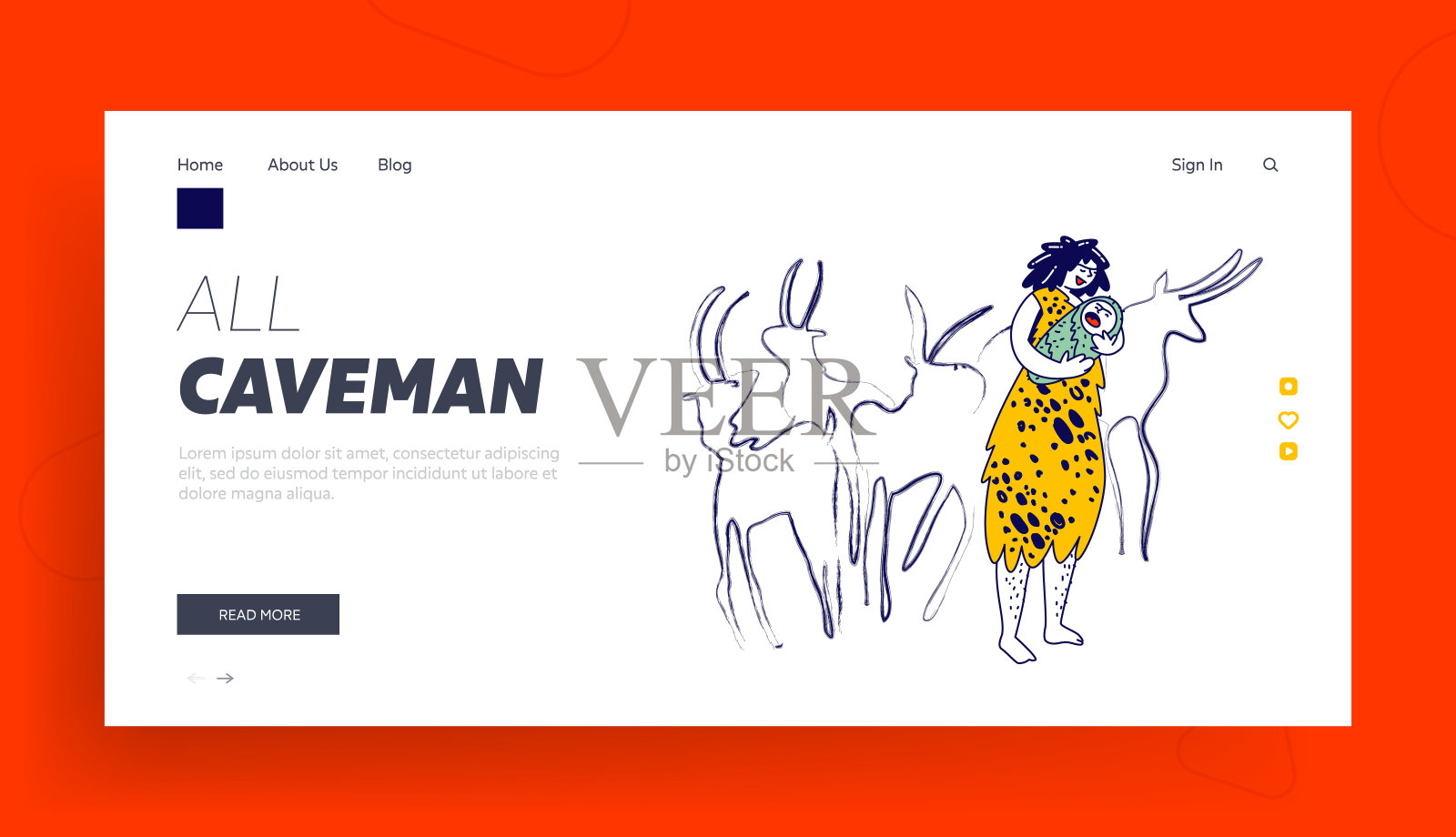 人类登陆页面模板的史前时期。穿着皮肤的穴居妇女人物，在有蹄动物的古代煤画前用手摇晃着新生婴儿。线性向量插图插画图片素材