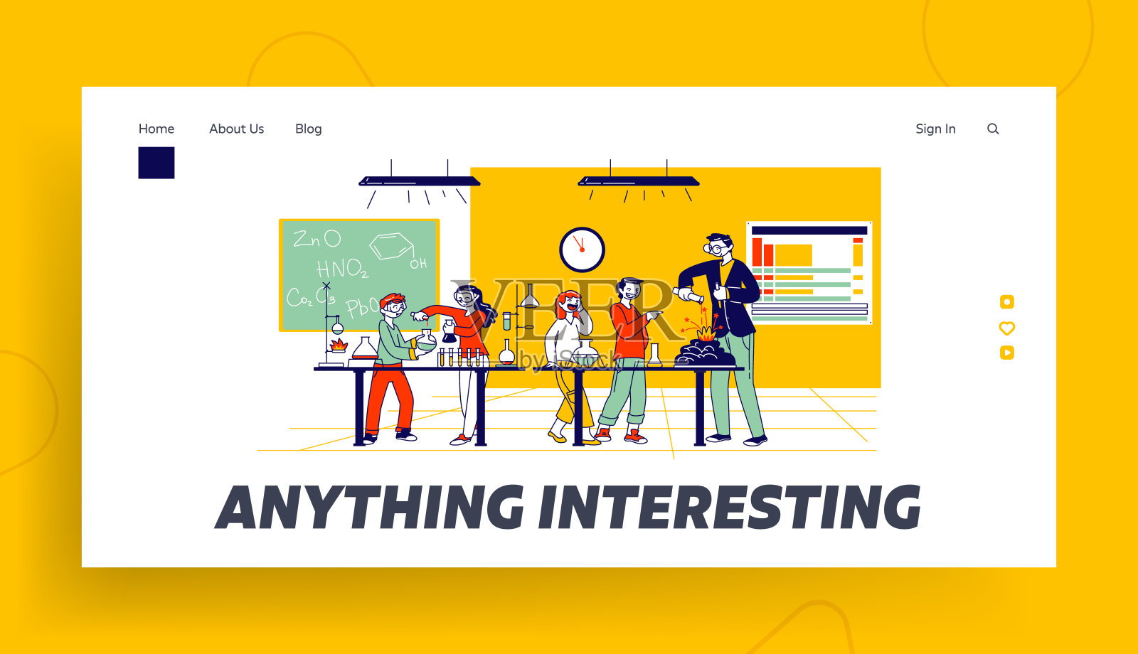 课堂登陆页面模板中化学课的学童角色。教师在课堂上用现代设备进行化学实验。线性人物矢量图插画图片素材