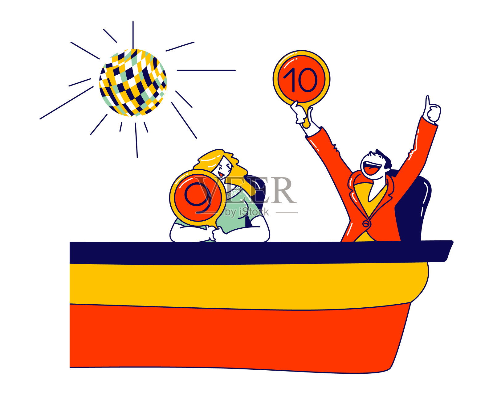 评委手握计分板为才艺表演、电视表演选手投票。比赛评委会以比赛评分、专业评估。线性人物矢量图插画图片素材