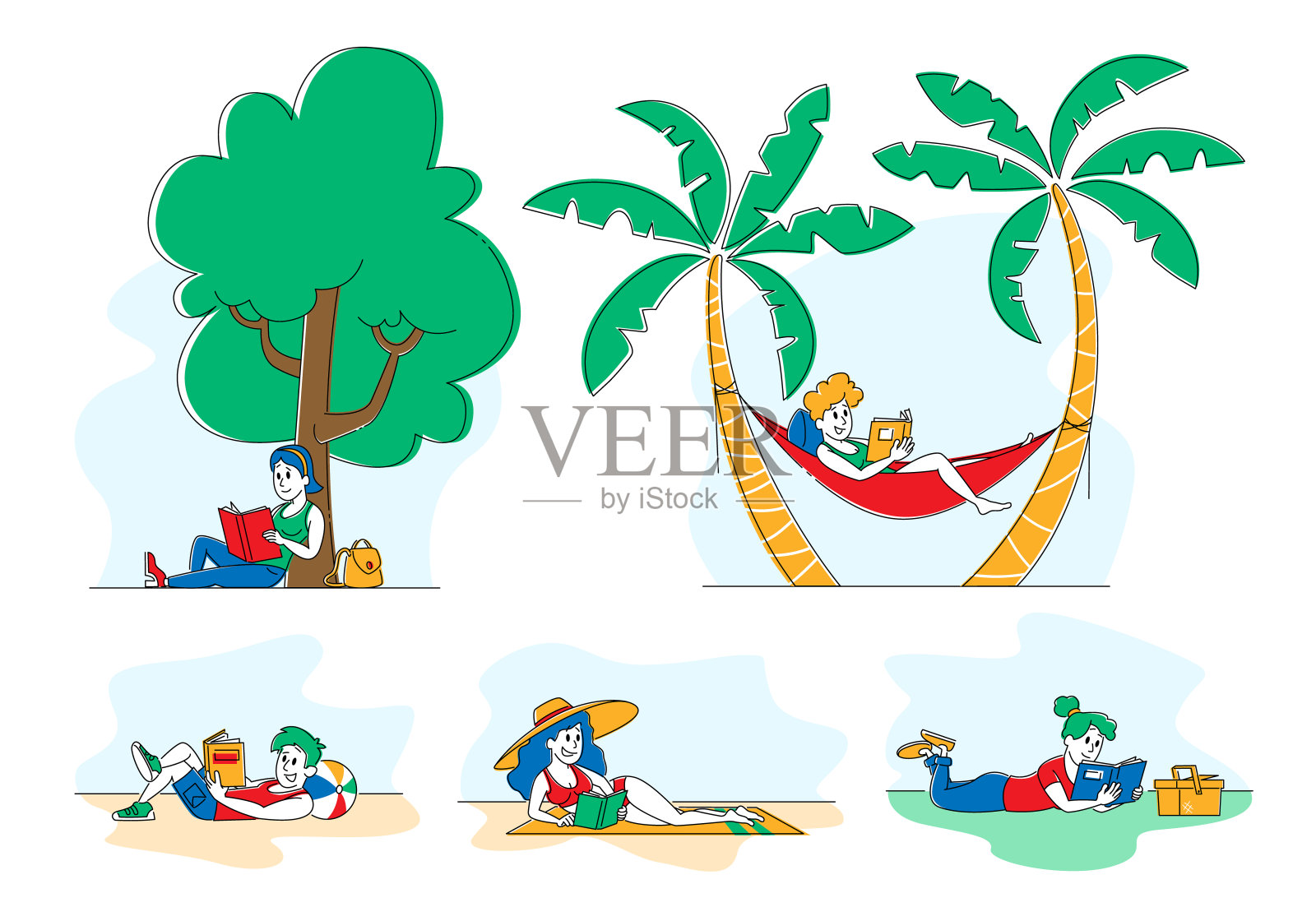 一组人在户外读书。快乐的男性和女性角色业余隔离在白色背景。男人女人花时间放松和阅读文学露天。线性向量插图插画图片素材