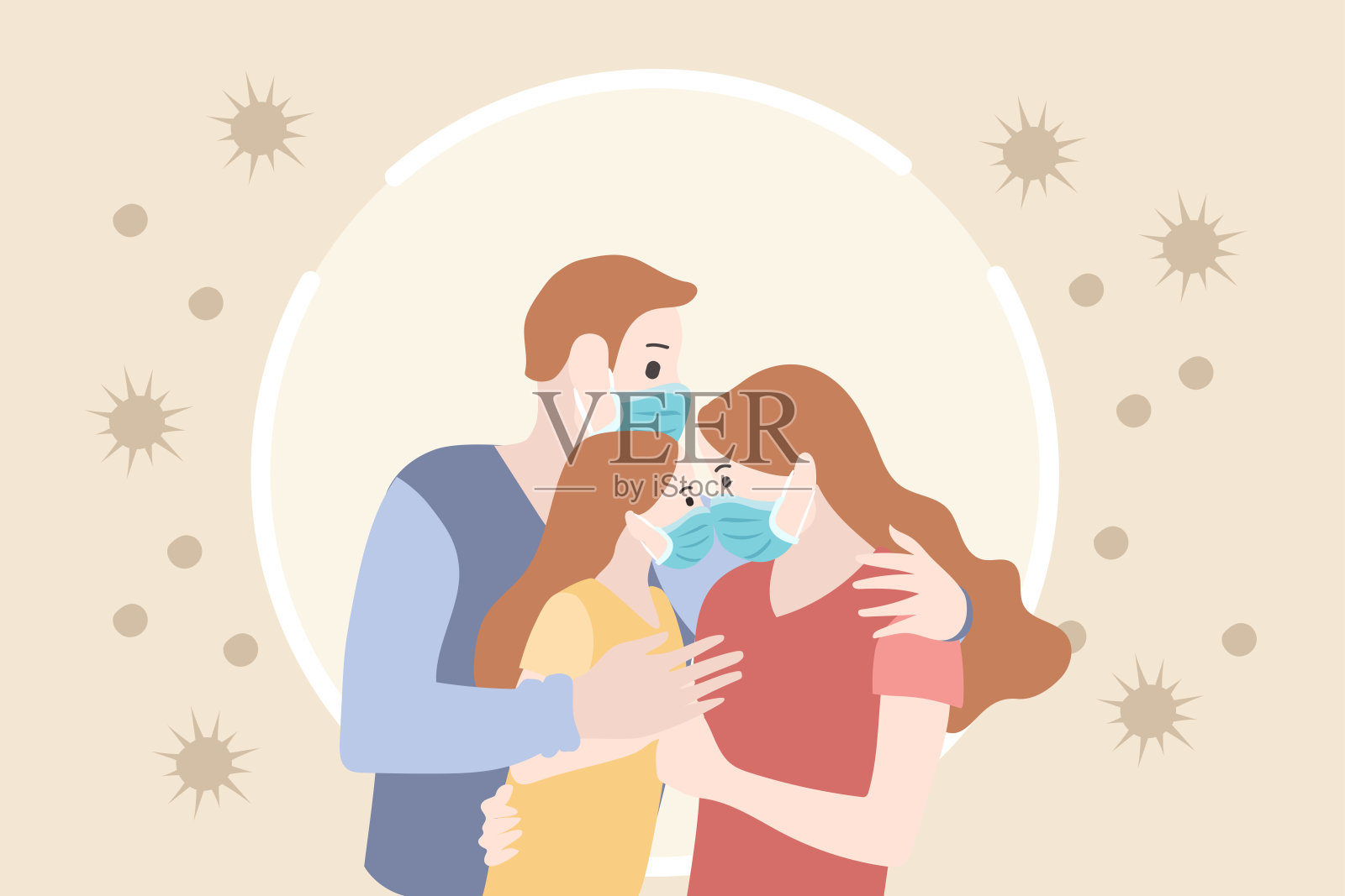 新冠肺炎大流行和社交距离概念，居家自我隔离有助于阻止疫情爆发和保护病毒传播。插画图片素材