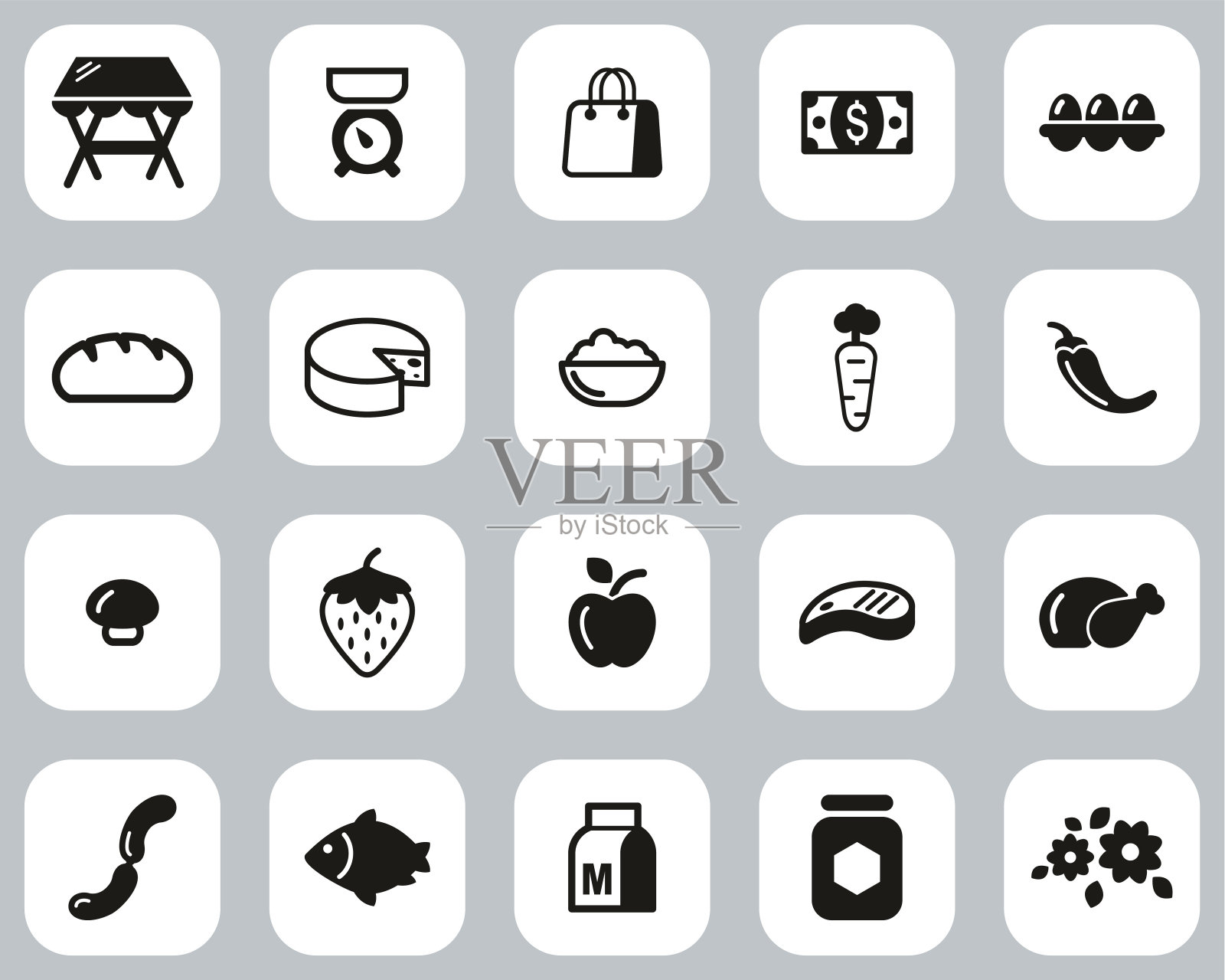 市场地方或市场摊位图标黑&白平面设计集大图标素材