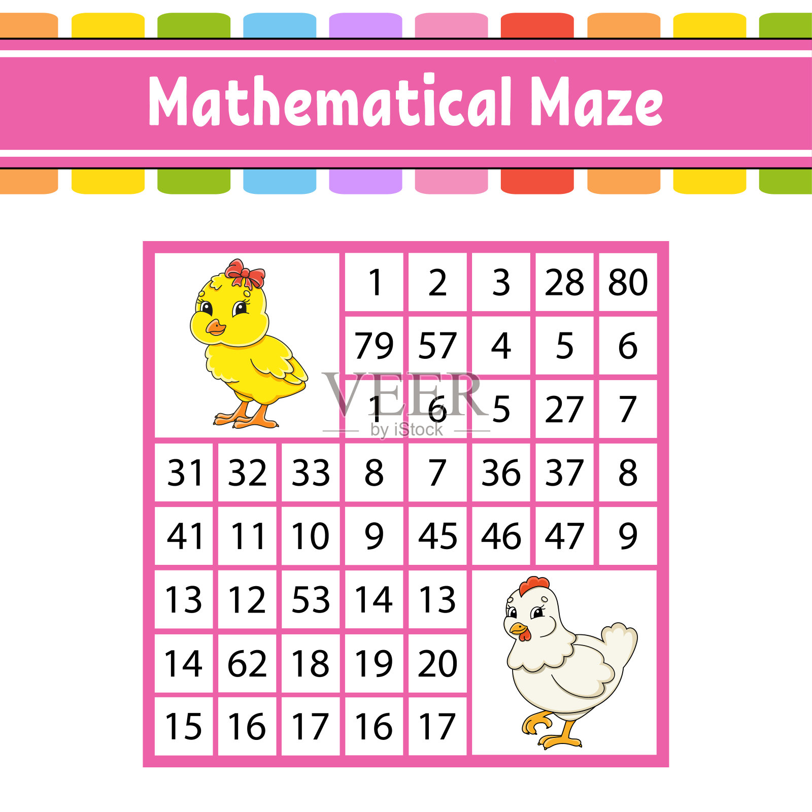 数学迷宫。游戏对孩子。数字迷宫。教育发展工作表。活动页面。对儿童拼图。卡通人物。复活节主题。颜色矢量图插画图片素材
