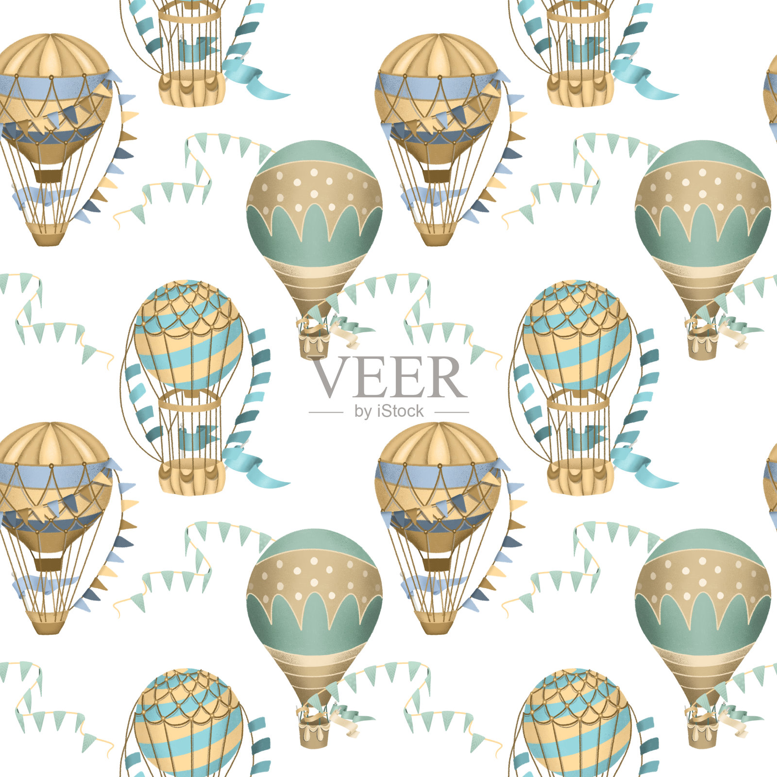 无缝图案与手绘的节日热气球在白色的背景插画图片素材