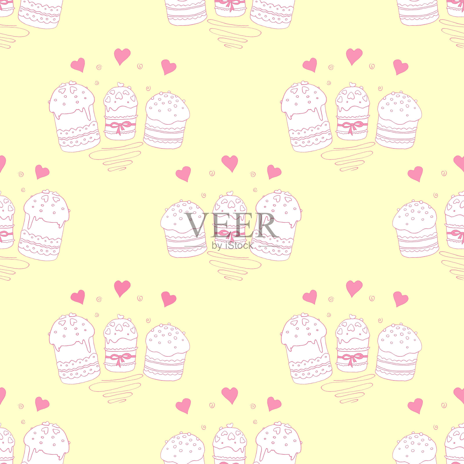 无缝模式。复活节蛋糕或甜面包或帕斯卡。柔软的春天节日背景和纹理与传统的传统食物在轮廓涂鸦风格。手绘插图插画图片素材