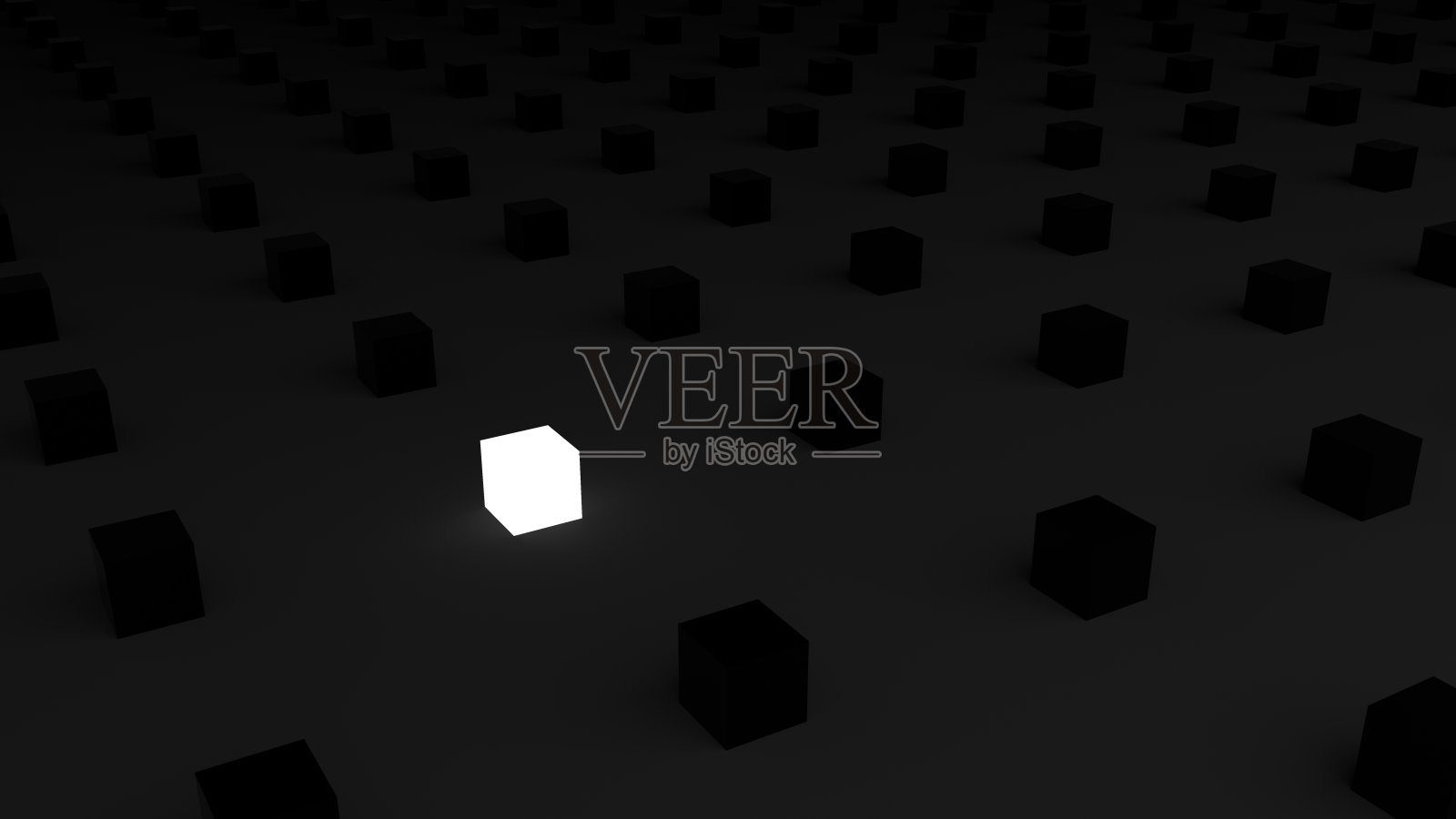 发光的白色方盒被许多黑色方盒包围着。醒目的白色方框。发光的白色方块孤立在简单的黑色背景，插图，极简的黑色，3D渲染照片摄影图片