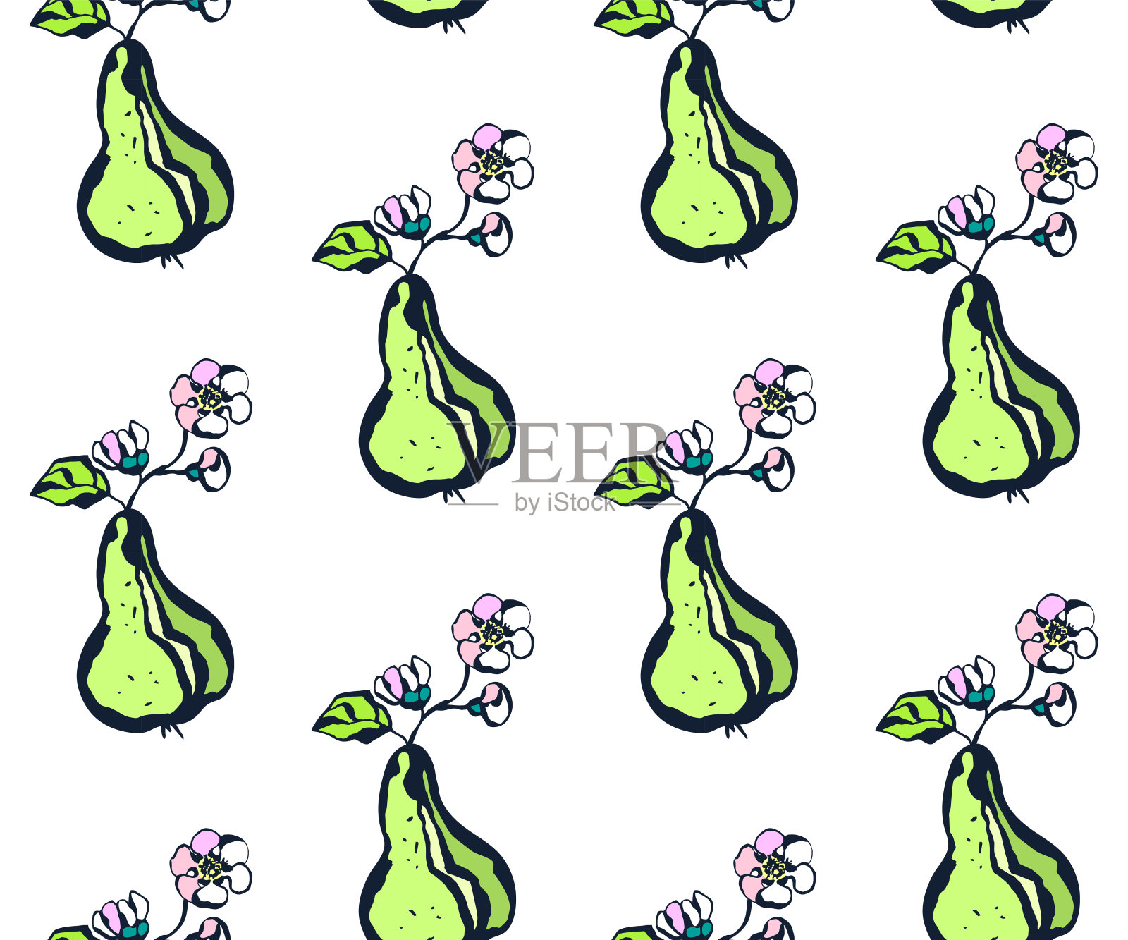 无缝花图案与梨和花。装饰装饰背景。矢量模式。印刷纺织品，布料，墙纸，剪贴簿插画图片素材
