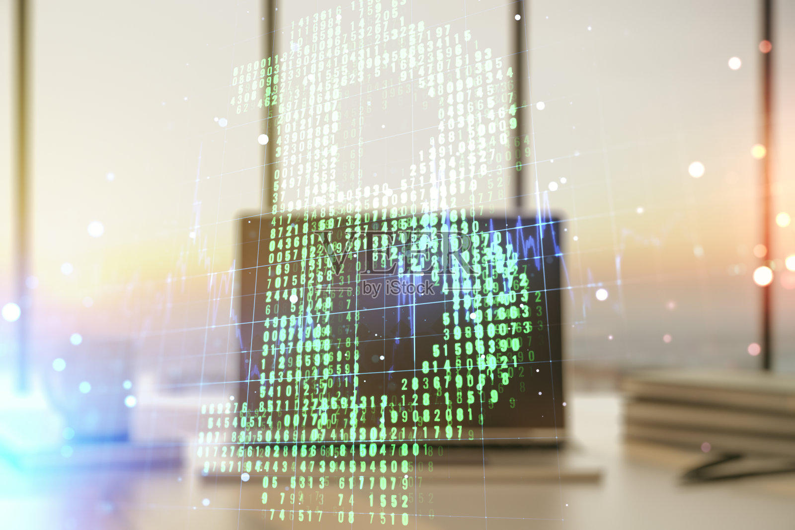 双重曝光创意比特币符号全息图与电脑背景。采矿和区块链概念照片摄影图片