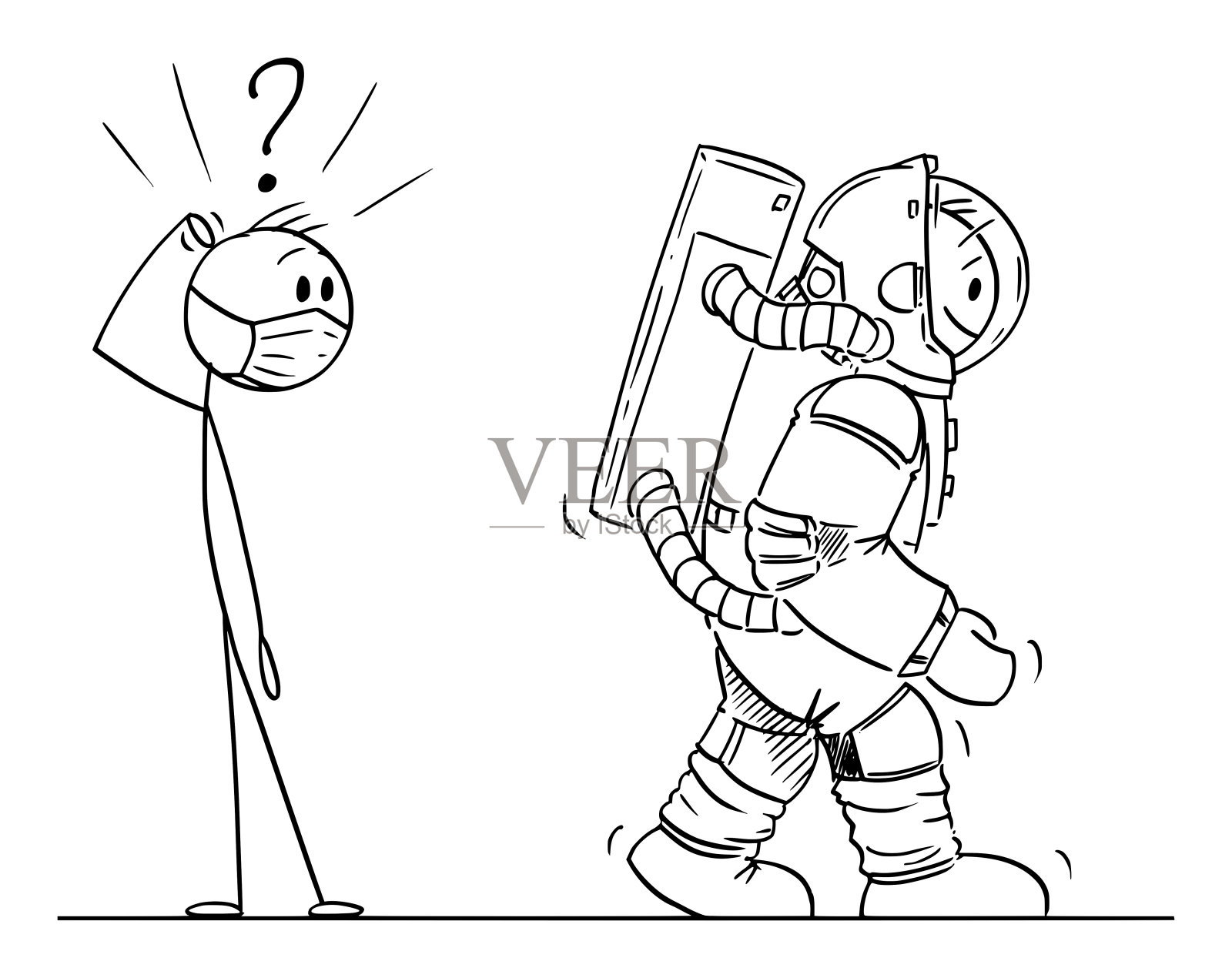 带口罩的震惊男子看着穿着宇航服的宇航员对抗新冠病毒的矢量漫画插图插画图片素材